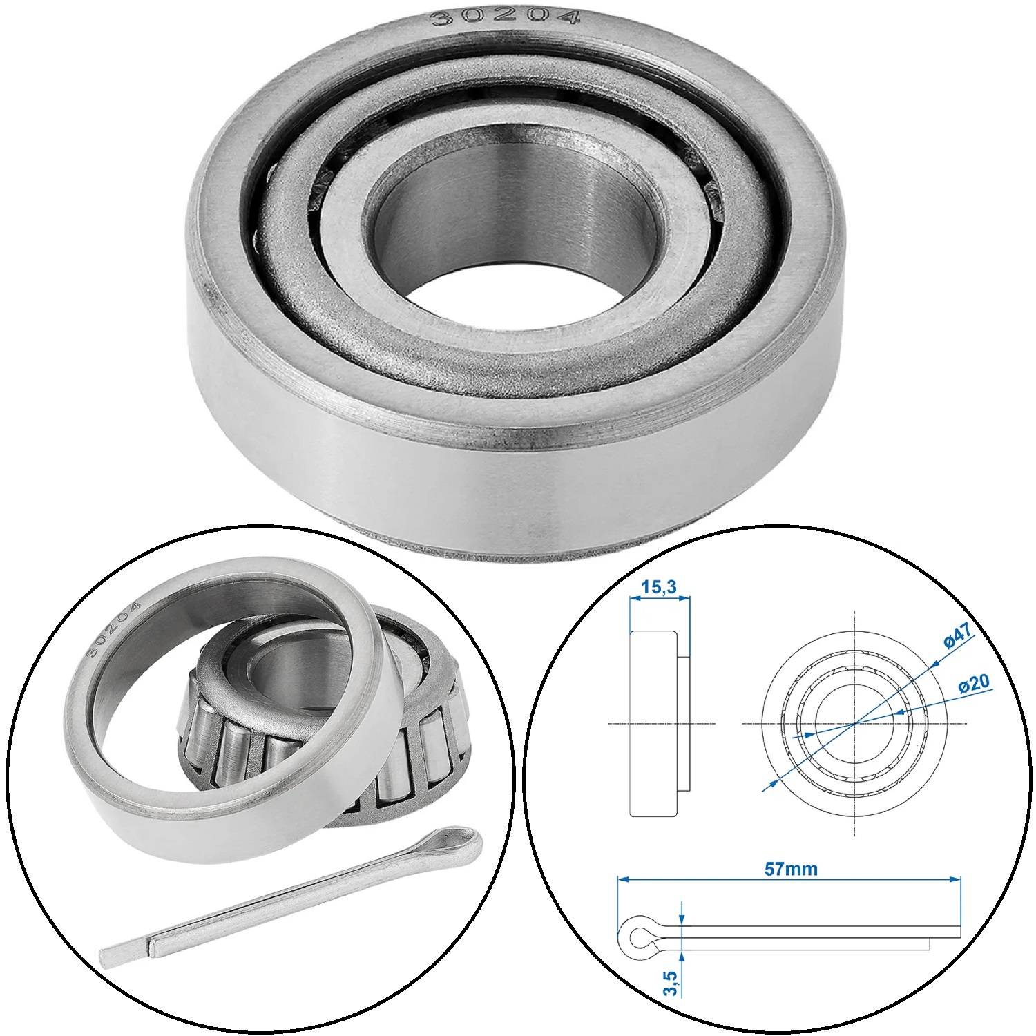 Das Bild zeigt ein Metall-Lager mit beschrifteten Abmessungen: Außendurchmesser 47 mm, Innendurchmesser 20 mm und Breite 15,3 mm. Ergänzt wird dies durch Illustrationen, die die Komponenten des Lagers zeigen, sowie eine Skizze mit Hinweisen auf wichtige Maße.