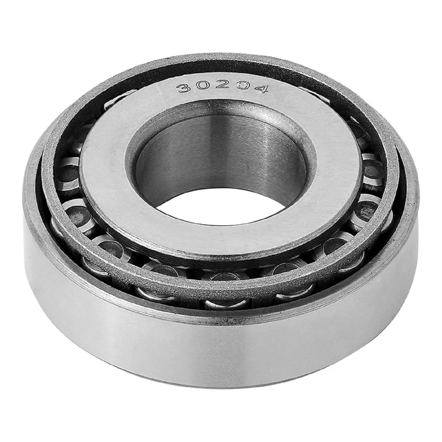 Ein einzelnes konisches Rollenlager mit einem metallischen Außenring und sichtbaren Rollenlagern, auf der Oberseite mit der Nummer '30204' gekennzeichnet.