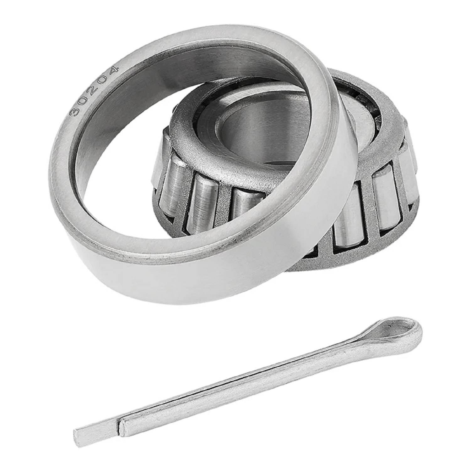 Kegelrollenlager und Splint vor weißem Hintergrund.