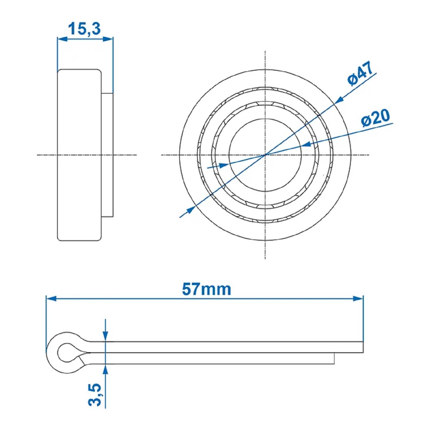 Technische Zeichnung einer Metallkomponente mit Drauf- und Seitenansicht, mit Abmessungen: 47 mm und 20 mm Durchmesser, 57 mm Länge, 15,3 mm Dicke.