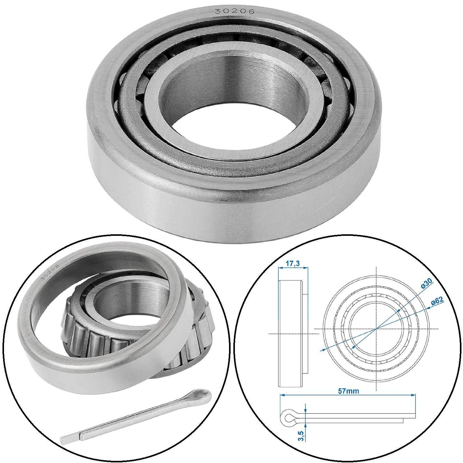 Ein Bild eines konischen Rollenlagers, das seine Komponenten zeigt, mit einem schematischen Diagramm einschließlich Abmessungen: Durchmesser 62 mm, Breite 17,3 mm.