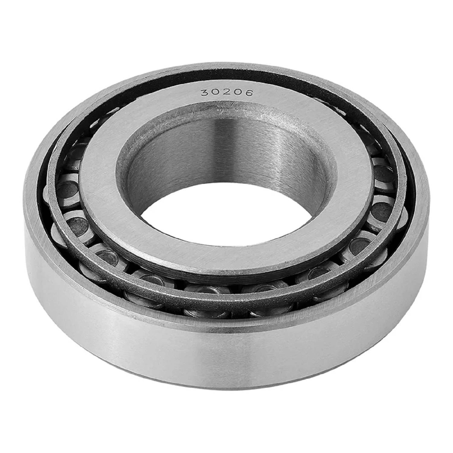 Silbernes zylindrisches Rollenlager mit der Nummer 30206, eingraviert auf seiner Oberfläche, das die Konstruktion des Innen- und Außenrings zeigt.
