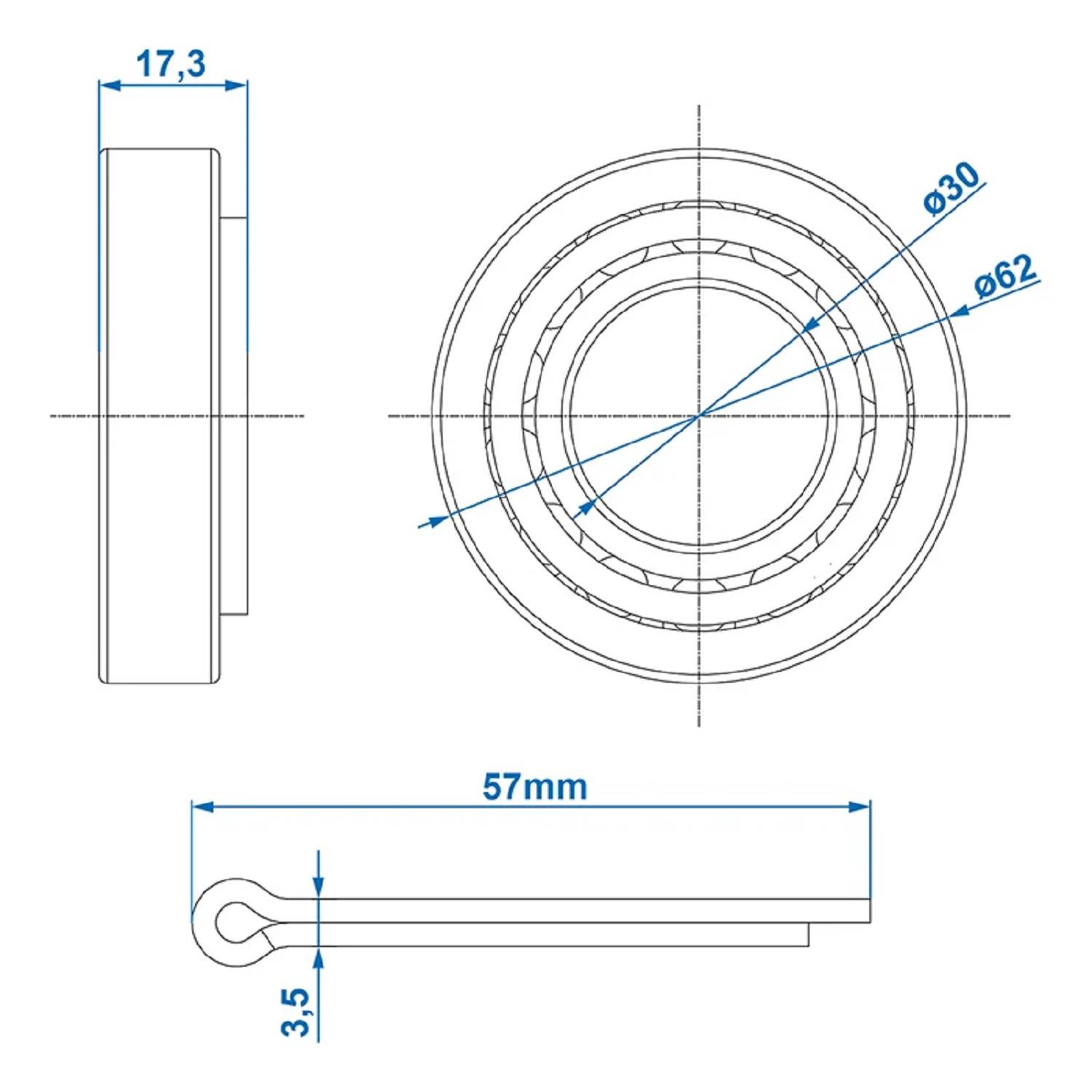 Technische Zeichnung eines kreisförmigen Objekts mit Abmessungen: Durchmesser 62 mm, innerer Kreisdurchmesser 30 mm, Dicke 17,3 mm, seitliche Erstreckung 57 mm.