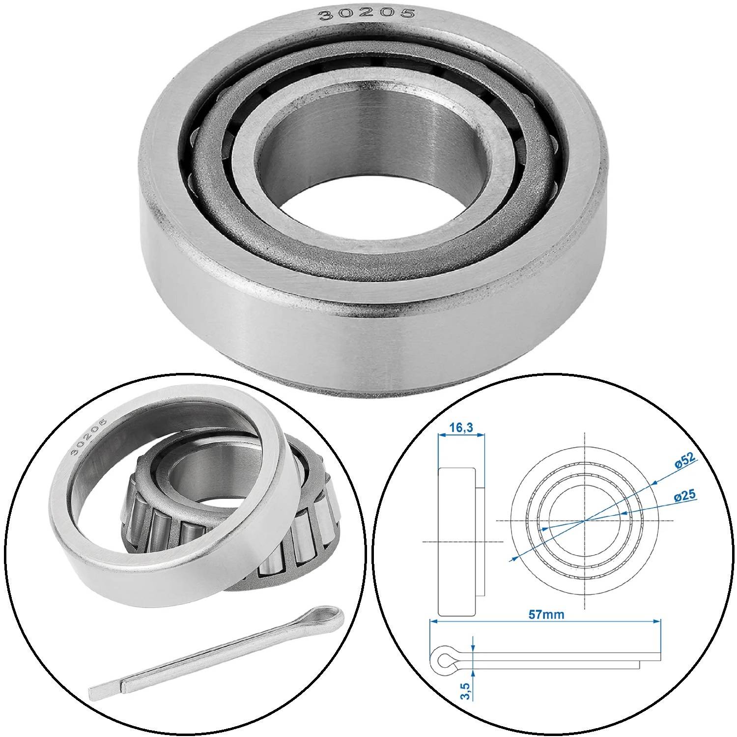 Metallisches Lager in Silber, aus verschiedenen Winkeln dargestellt. Enthält ein Diagramm mit Maßen: 57 mm Durchmesser, 25 mm Innendurchmesser.