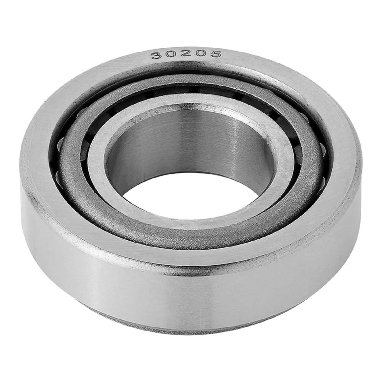 Ein einzelnes Metallrollenlager mit sichtbaren inneren und äußeren Ringen, an der Kante mit der Nummer '30205' graviert.