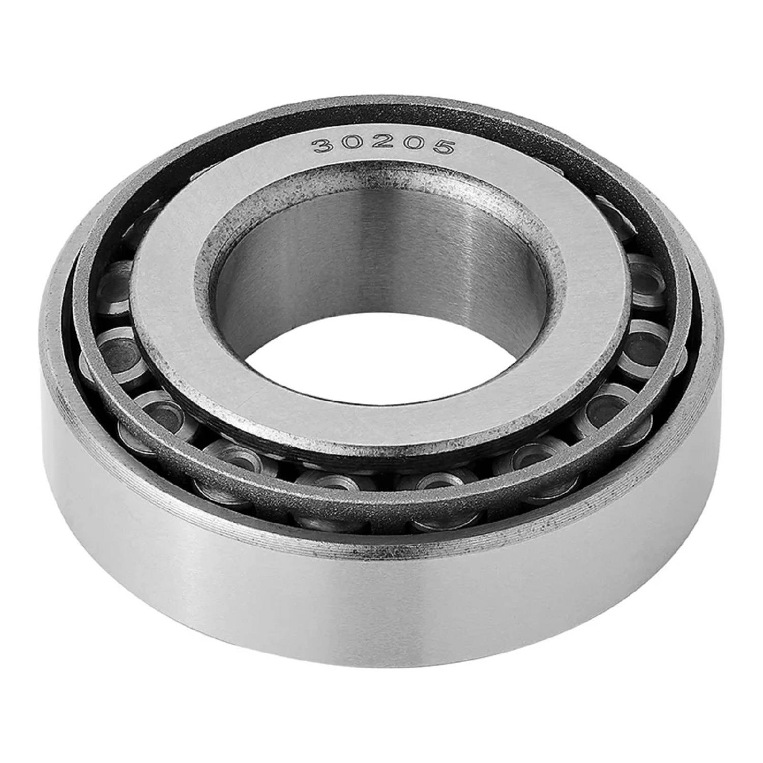 Eine Metallkugellagerung mit inneren und äußeren Ringen, die durch kleine Metallkugeln verbunden sind, mit der Nummer '30205' an der Seite eingraviert.