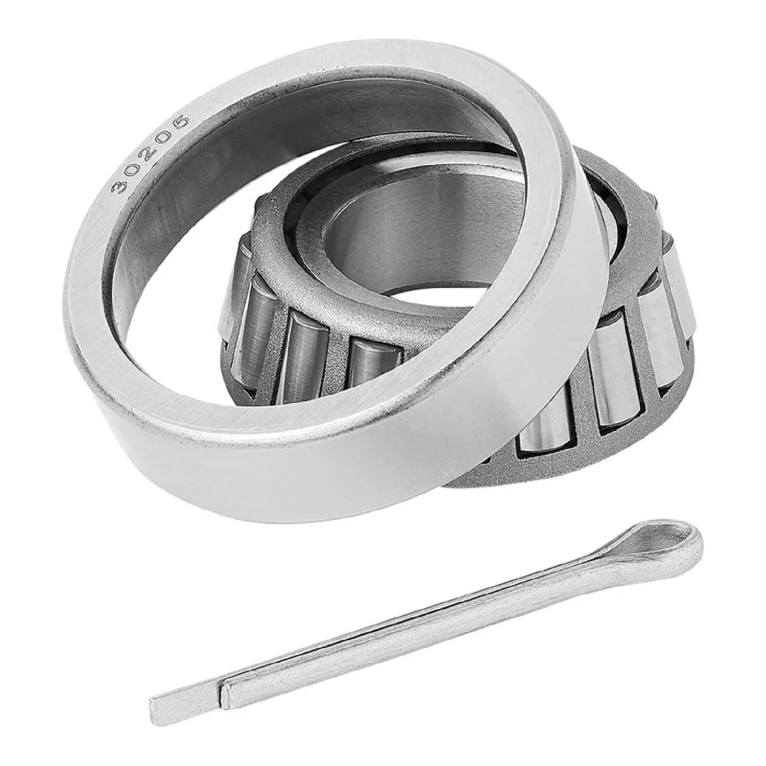 Kegelrollenlager-Satz mit einem metallischen Splint daneben, der sowohl die inneren als auch äußeren Komponenten zeigt, verwendet für mechanische Baugruppen.