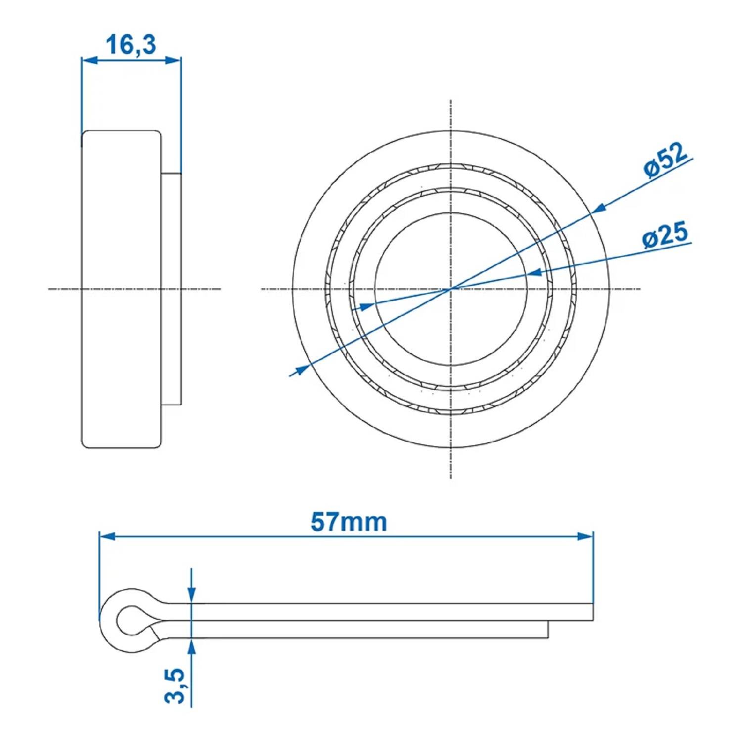 Technische Zeichnung mit zwei Ansichten eines kreisförmigen Objekts. Draufsicht: 52 mm Durchmesser mit einem zentralen Ring von 25 mm. Seitenansicht: Dicke als 16,3 mm und geringere Dicke als 3,5 mm gekennzeichnet. Länge beträgt 57 mm.