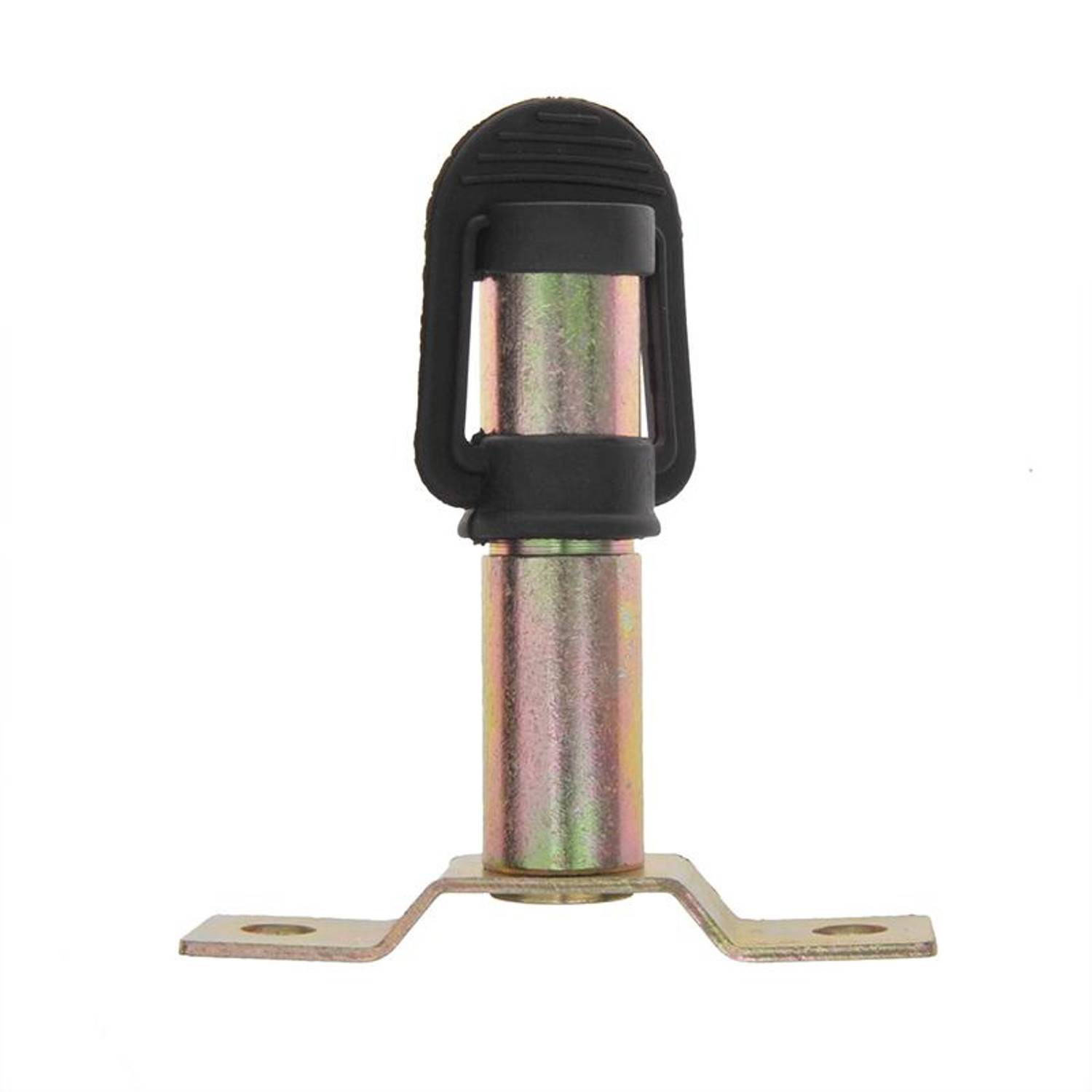 Ein Sicherungsbolzen mit schwarzem Gummigriff und metallischer Oberfläche, der vor einem weißen Hintergrund gezeigt wird und für die Sicherung von Anhängern konzipiert ist.