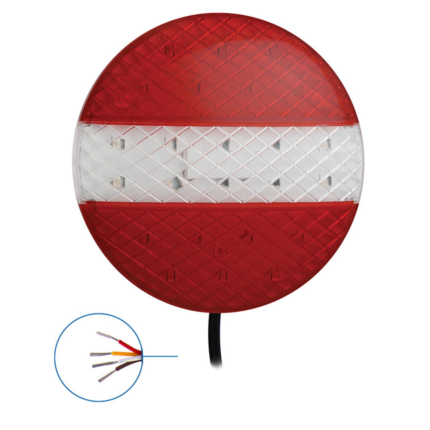 Kreisförmige LED-Anhängerleuchte mit einem roten äußeren Ring und weißem Mittelstreifen, ausgestattet mit Anschlussleitungen für einfache Installation.