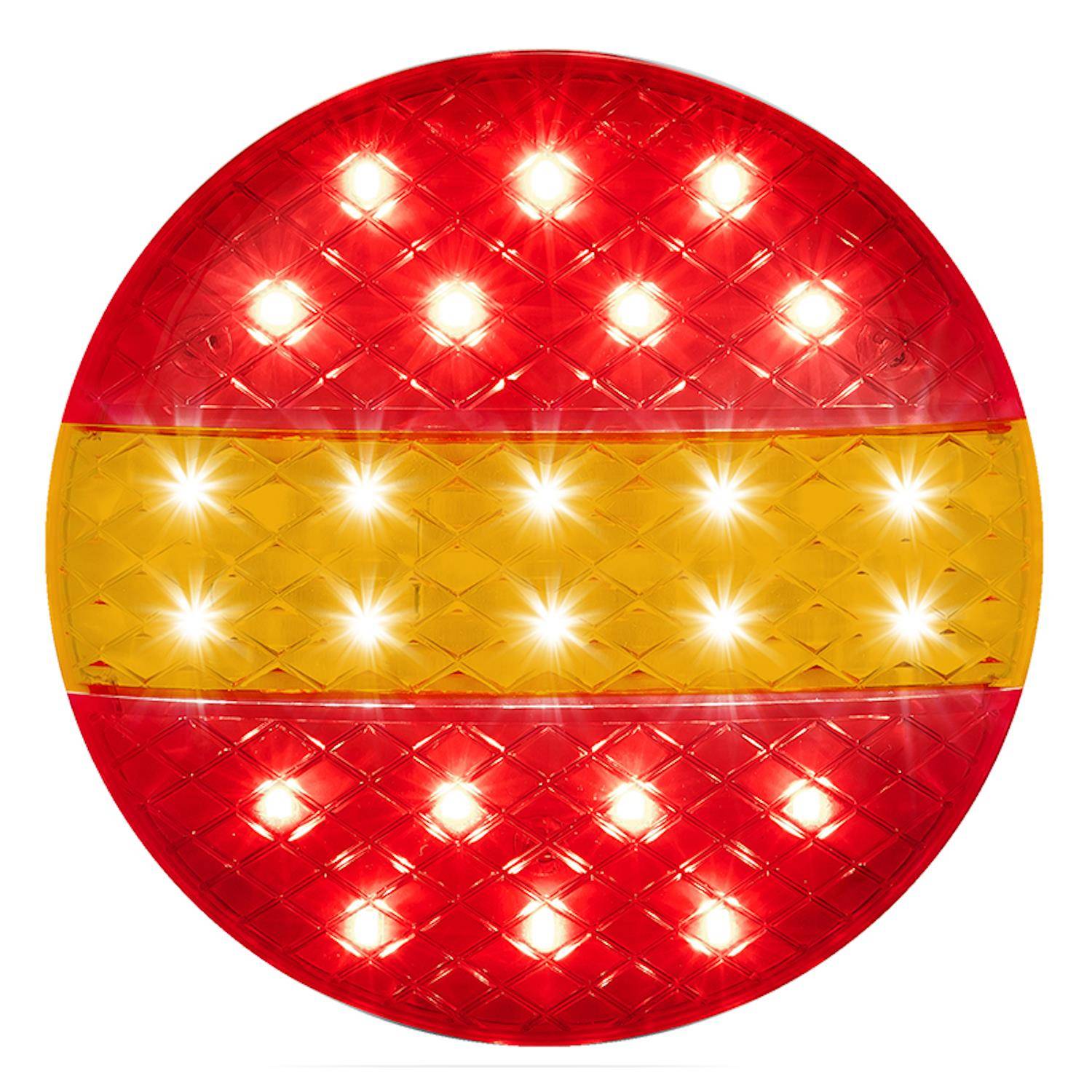 Ein rundes beleuchtetes Schild mit einem rot-gelb gestreiften Muster, das an ein Flaggendesign erinnert.