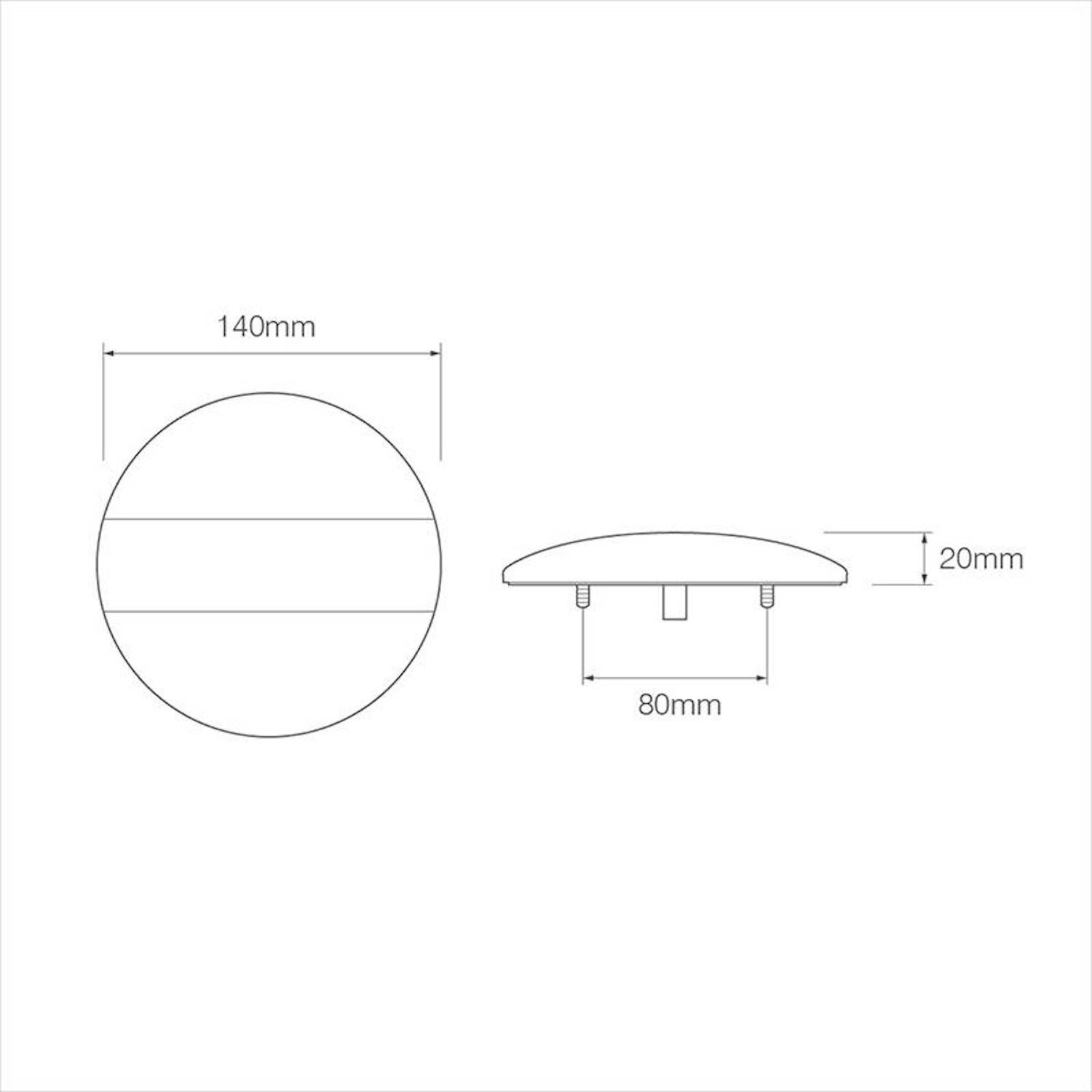 Diagramm eines runden Objekts mit Abmessungen: 140 mm Durchmesser, 20 mm Höhe und 80 mm Basisbreite. Enthält Seiten- und Draufsicht.