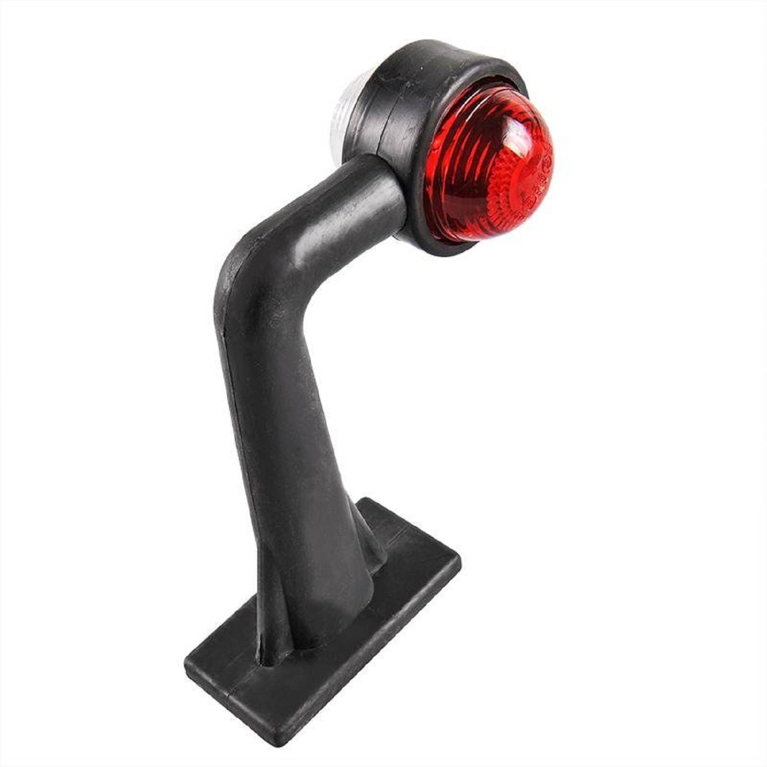 Rotes Reflektorlicht an einer schwarzen Winkelhalterung, möglicherweise für ein Fahrzeug oder einen Anhänger, von der Seite betrachtet.