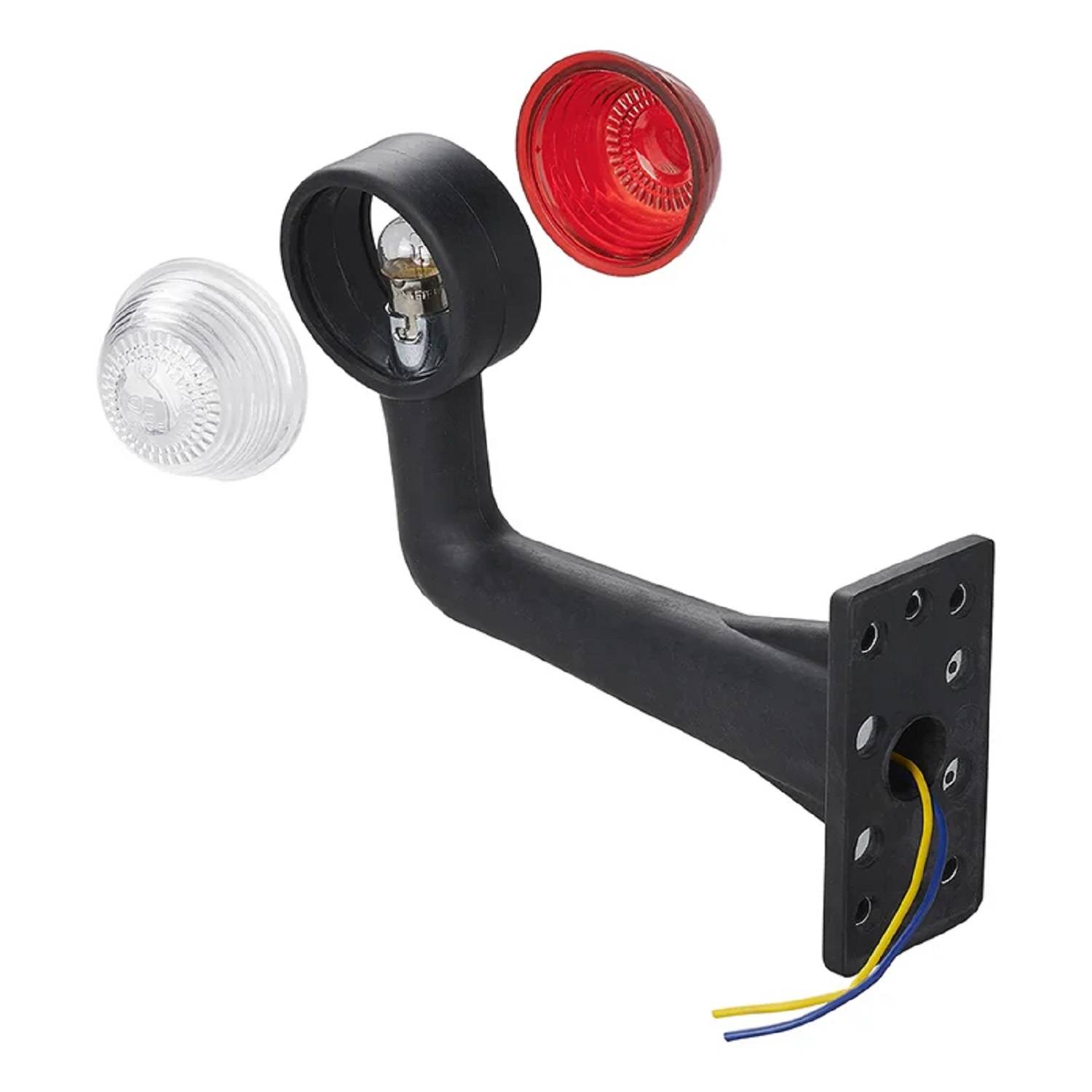 Seitenmarkierungsleuchte mit roten und weißen Linsen, montiert auf einem schwarzen Halterung. Gelbe und blaue Kabel ragen von der Basis für die Verbindung heraus.