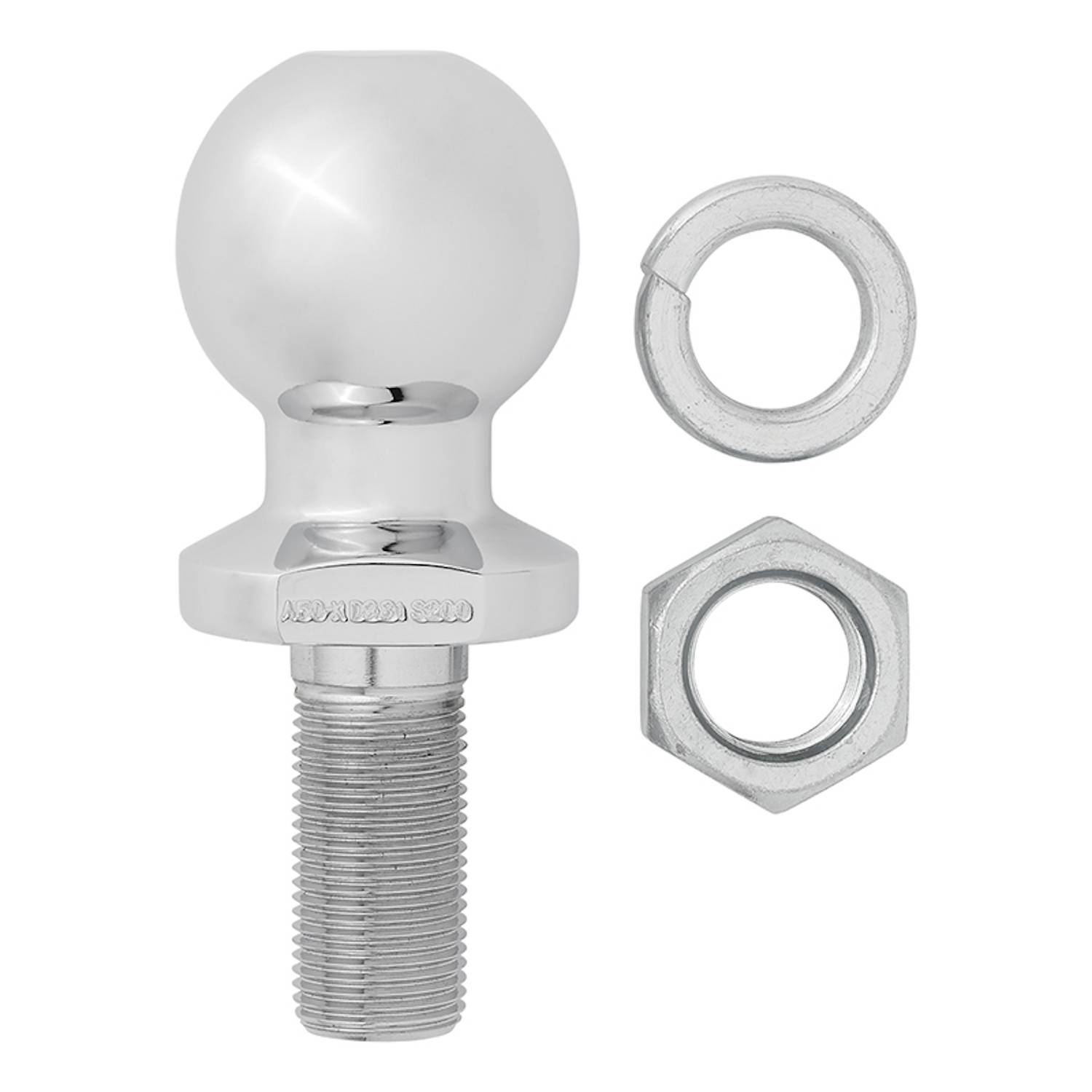 Eine Anhängerkupplung aus Metall zum Abschleppen, mit Mutter und Unterlegscheibe.