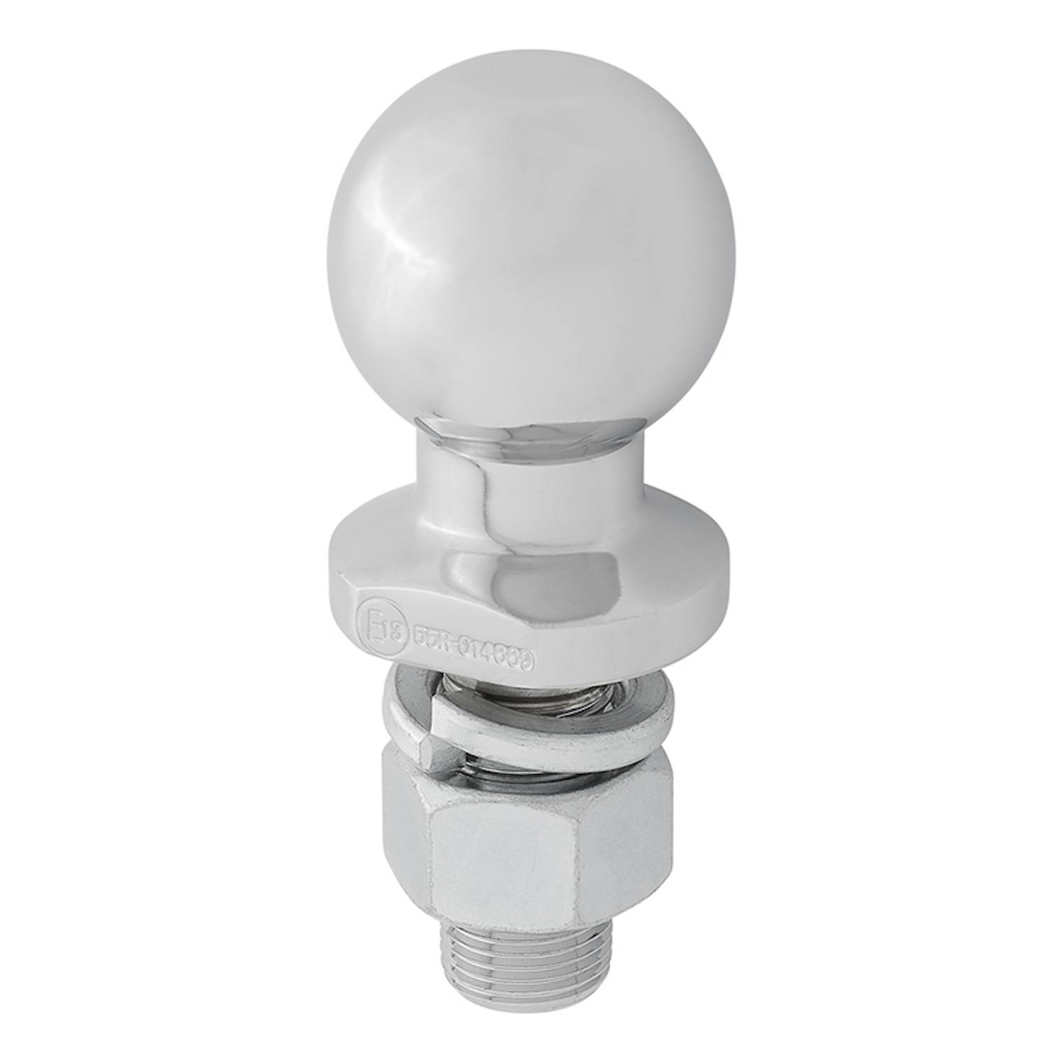 Silberfarbene Metallkugel und Anhängerkupplung mit einem Gewindebolzen an der Basis für Fahrzeugzuganwendungen.