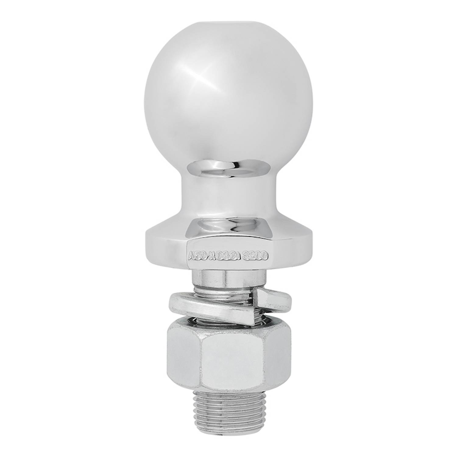 Eine glänzende, metallische Kugelkupplung mit einem Gewindeschrauben, Muttern und Unterlegscheiben, die zum Abschleppen und Ankuppeln von Anhängern an Fahrzeugen verwendet wird.