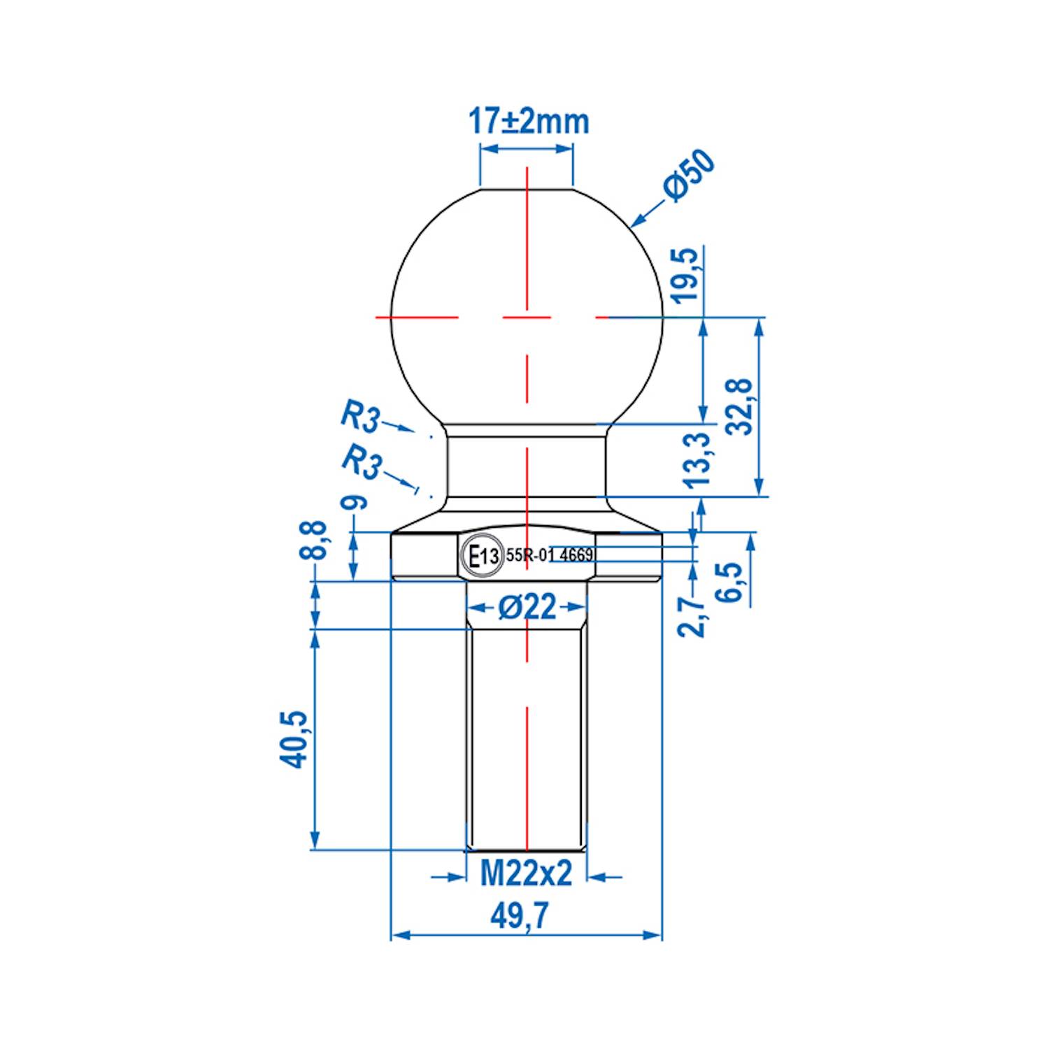 Technische Zeichnung einer runden Anhängerkupplung mit Maßen: Kugeldurchmesser 50 mm, Halsduchmesser 22 mm, Höhe 17 mm, Gewindebasis M22x2.
