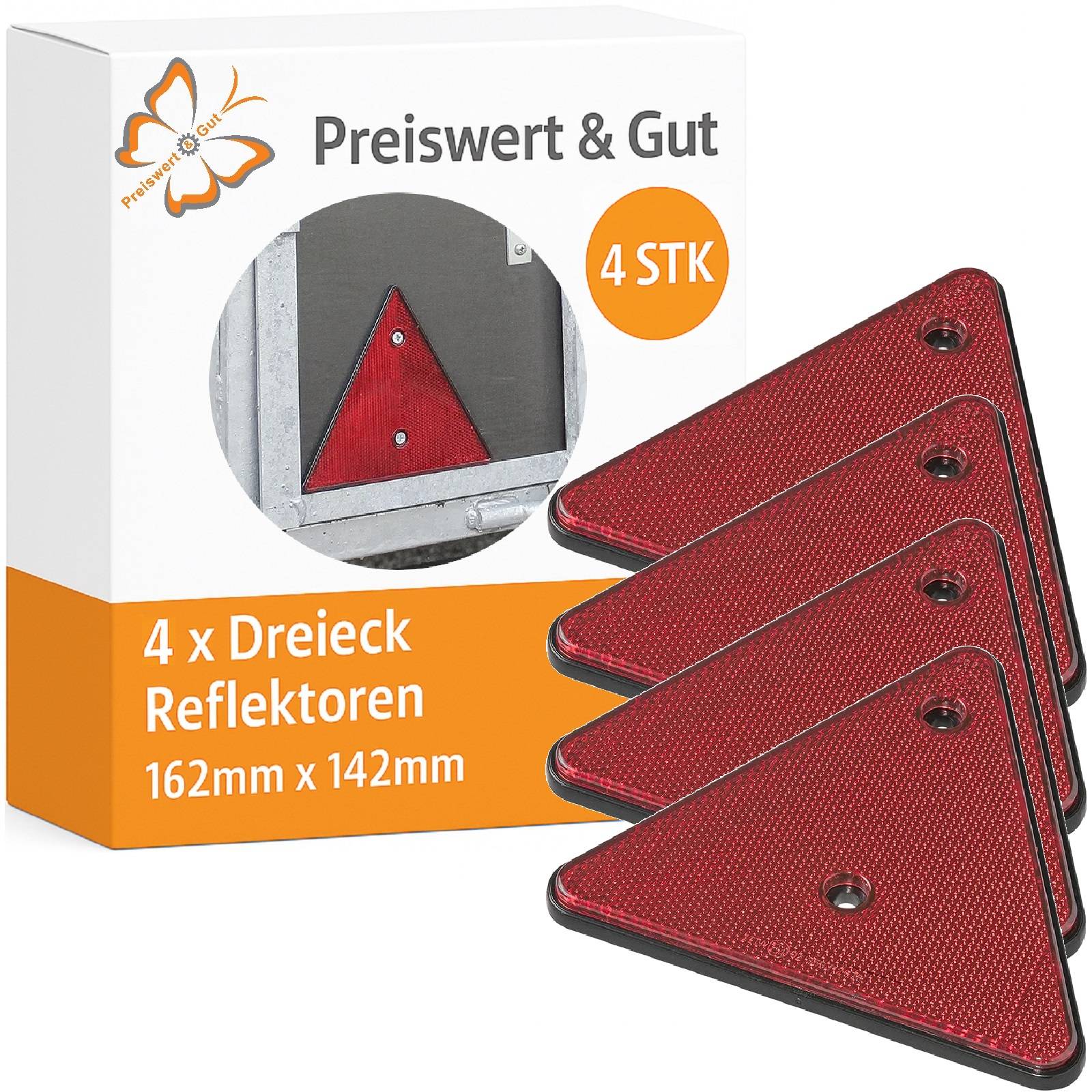 4er-Pack Dreieckreflektoren, rot, 162mm x 142mm, mit Beschriftung 'Preiswert & Gut', mit Verpackung, die einen montierten Reflector in Gebrauch zeigt.