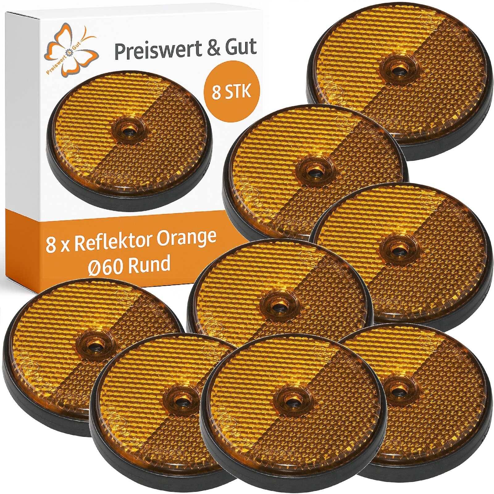 8 x Anhänger Reflektoren orange Ø 60 mm – Rückstrahler & Seitenstrahler mit Schraubloch – Katzenaugen Seitenreflektoren