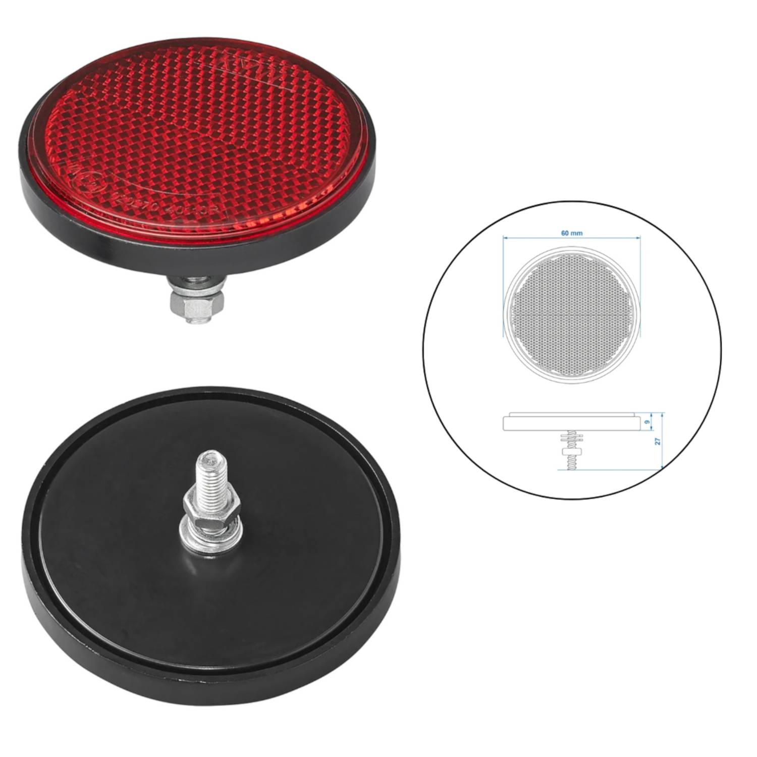 Roter runder Reflector, schwarze Befestigungsbasis mit Schraube; Seitenansicht mit Abmessungen, 60 mm Durchmesser.