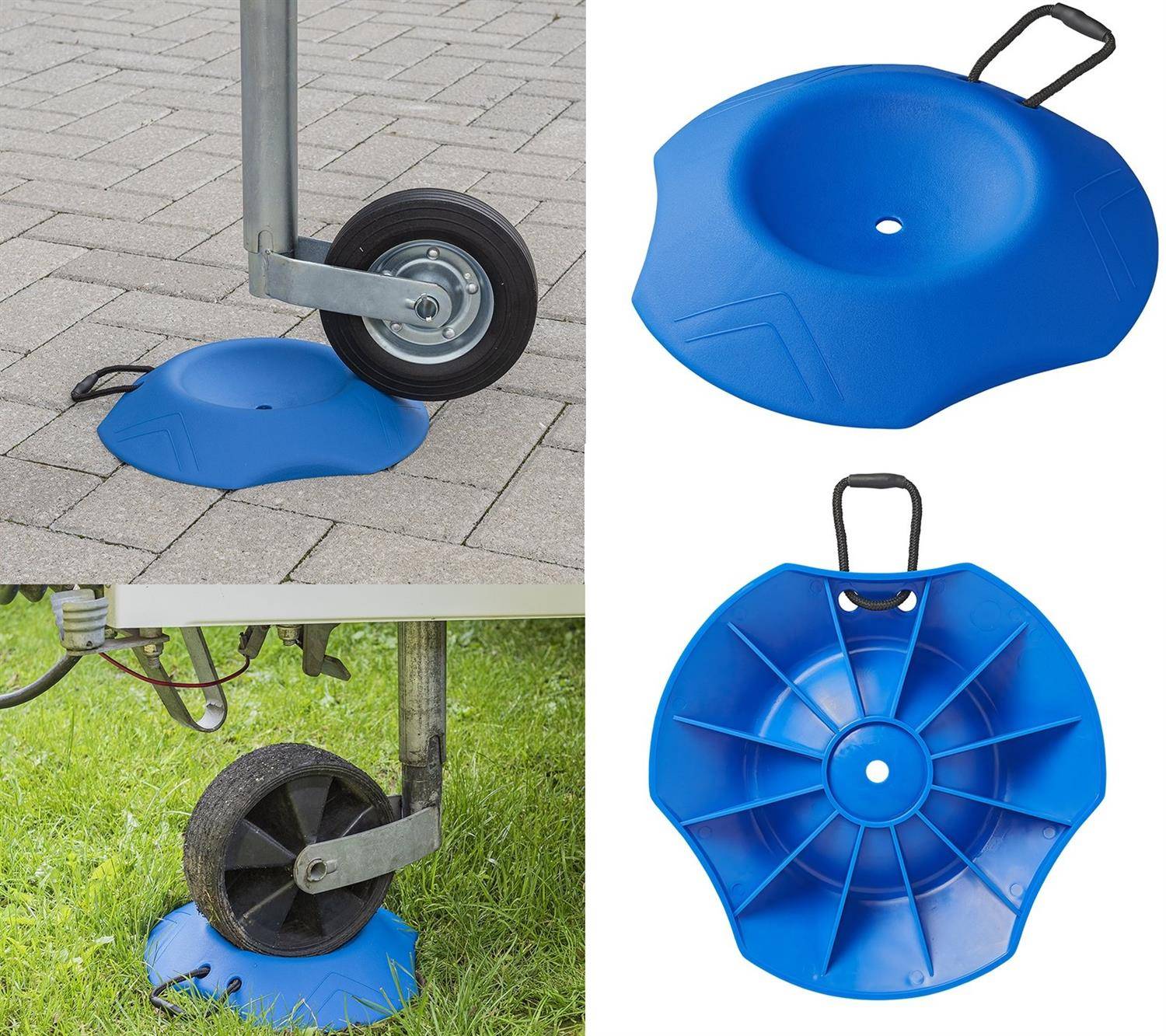 Blaue Radstützdockelemente zur Unterstützung verschiedener Fahrzeuge mit Rädern; ein Bild zeigt eine Unteransicht, die tragende Rippen offenbart.