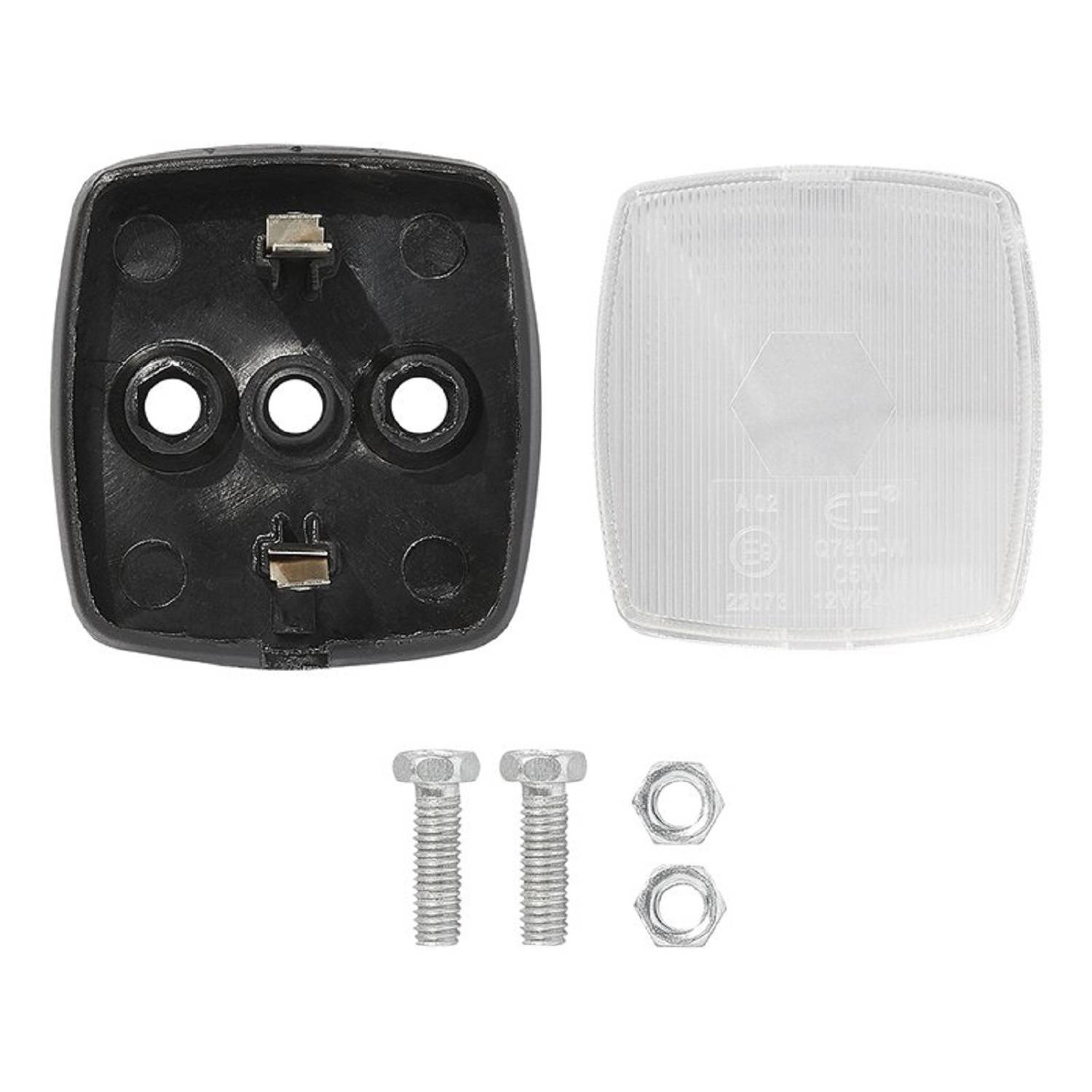 Eine zweiteilige quadratische elektrische Abzweigdose mit zwei Schrauben und zwei Muttern. Die schwarze Basis verfügt über drei interne Verbinder.