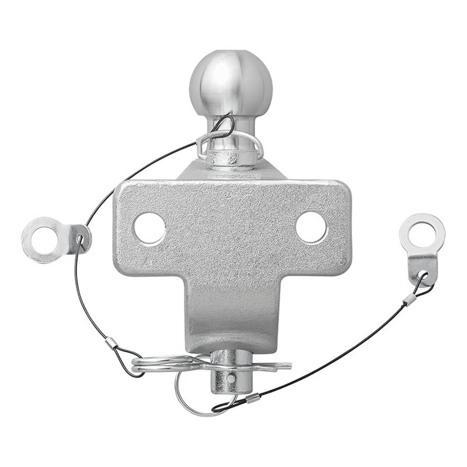 Eine Chrom-Anhängerkupplung mit Kugelkopf, angebrachtem Sicherungsstift und Sicherheitsseil, die dazu dient, einen Anhänger an einem Zugfahrzeug zu befestigen.