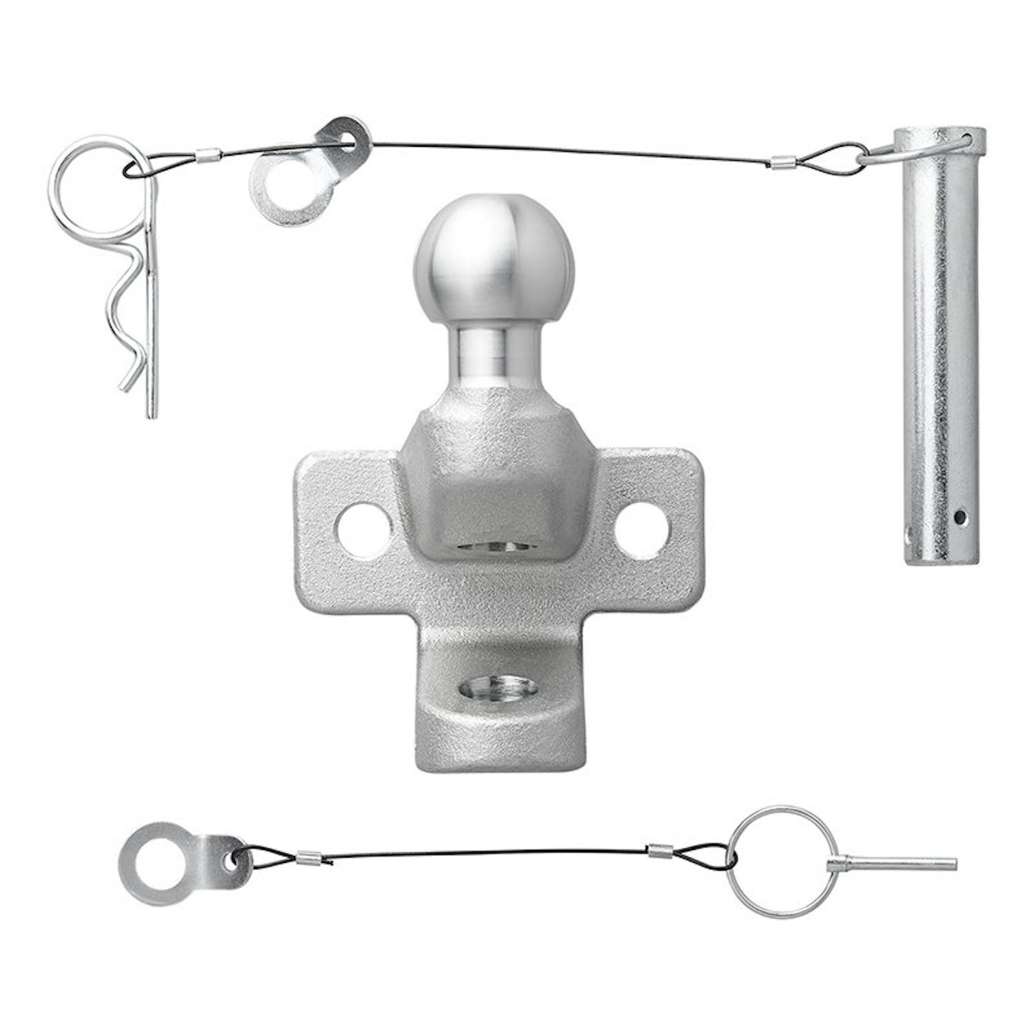Metall-Anhängerkupplung-Set mit Kugelkopfhalterung, Sicherungsstift und Splint, verbunden durch Kabel, alles in metallischer Ausführung.