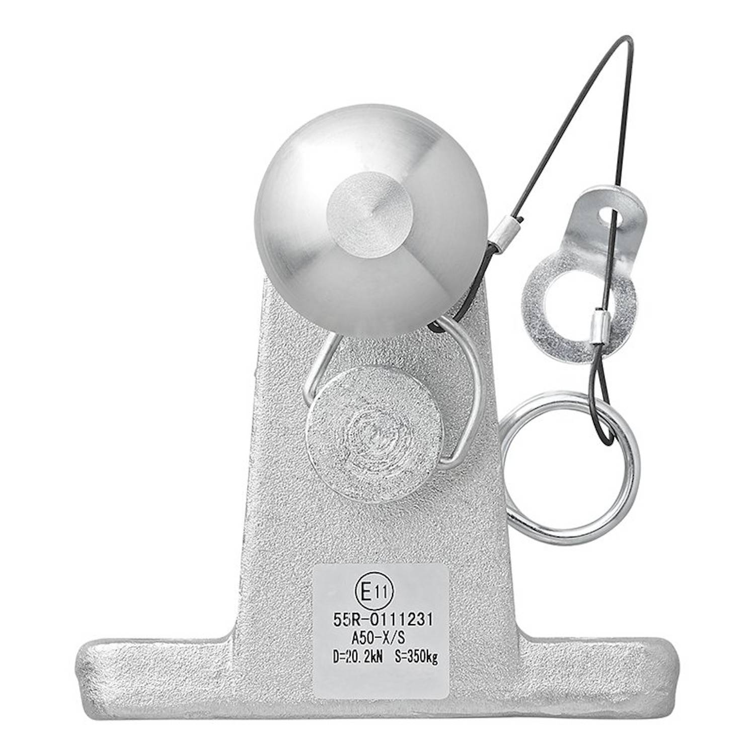 Eine metallische Klemme mit angebrachten Stahlringen und Drähten, die für industrielle Zwecke verwendet wird, mit einem Etikett, das Identifikationsnummern und Spezifikationen anzeigt.