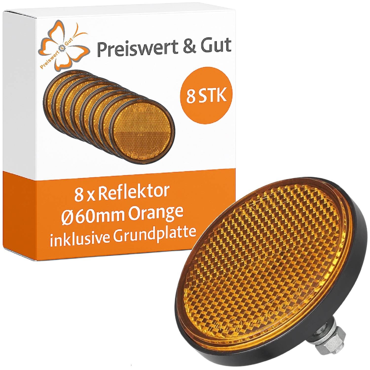 Preiswert & Gut' 8er-Pack orangefarbene Reflektoren mit Ø60mm und Basis.