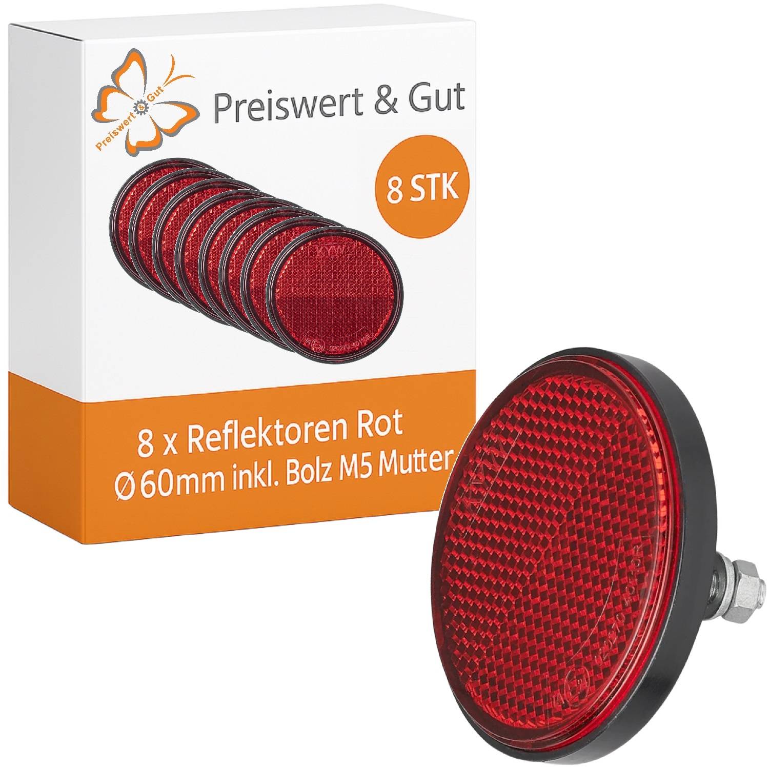 Ein Produktpaket mit der Bezeichnung 8 STK, ausgestattet mit 8 roten runden Reflektoren, 60 mm Durchmesser, inklusive M5-Schrauben und Muttern.