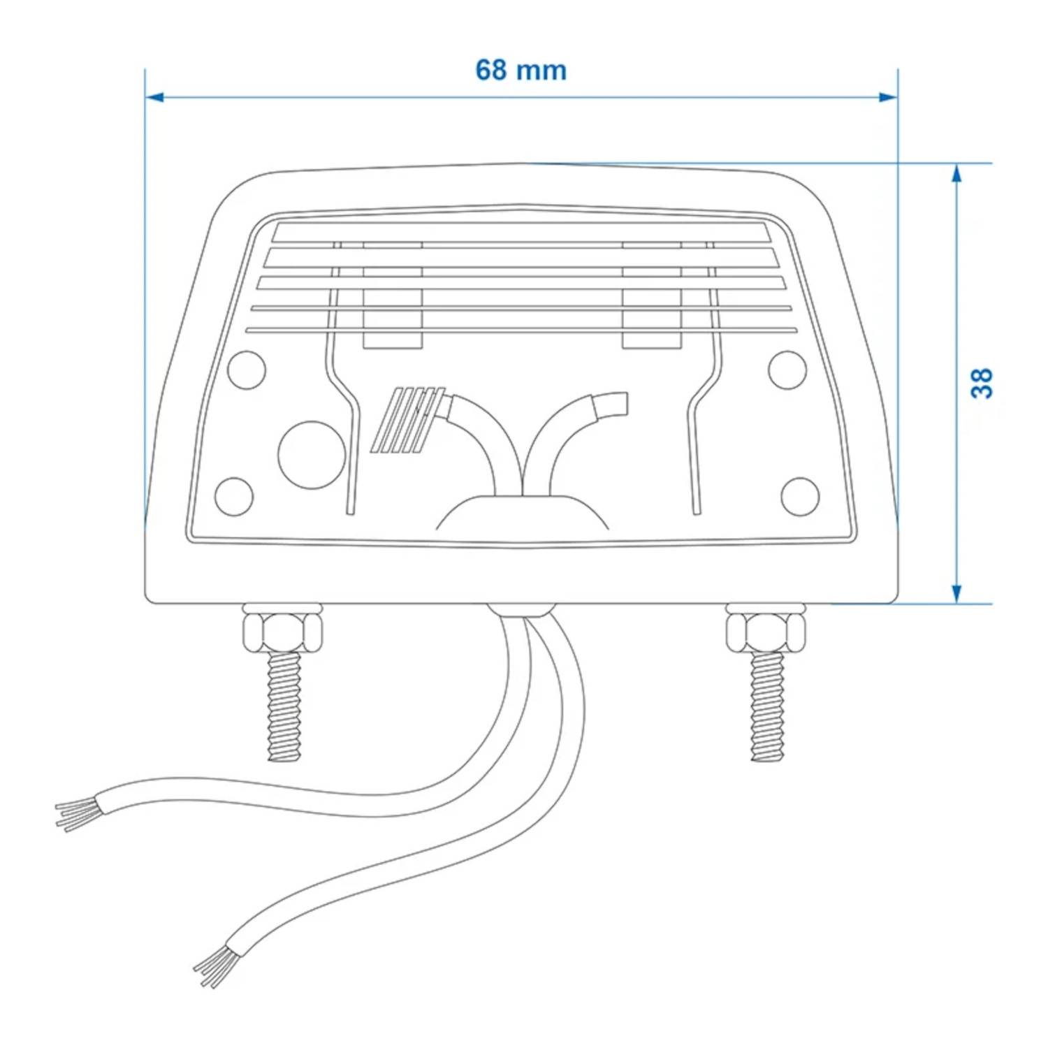 Diagramm mit den Abmessungen einer rechteckigen elektrischen Komponente, 68 mm breit und 38 mm hoch, mit zwei Drähten und Befestigungsschrauben.