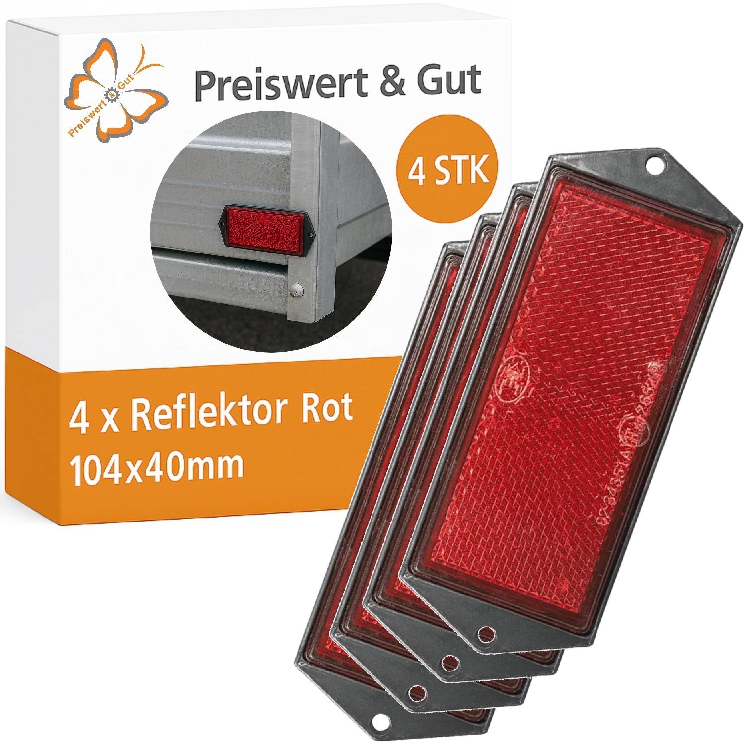 4 STK 4 x Reflektor Rot 104x40mm' reflektiert rotes Licht; auf einem weißen Lastwagen in Verpackung mit Schmetterlingslogo und 'Preiswert & Gut' dargestellt.