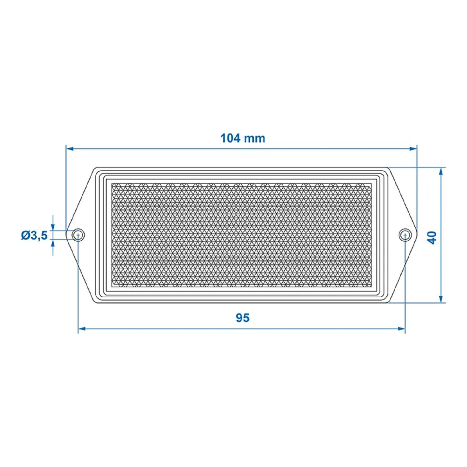 Rechteckige reflektierende Linse mit Abmessungen: Breite 104 mm, Höhe 40 mm und Befestigungslochduchmesser Ø3,5 mm.