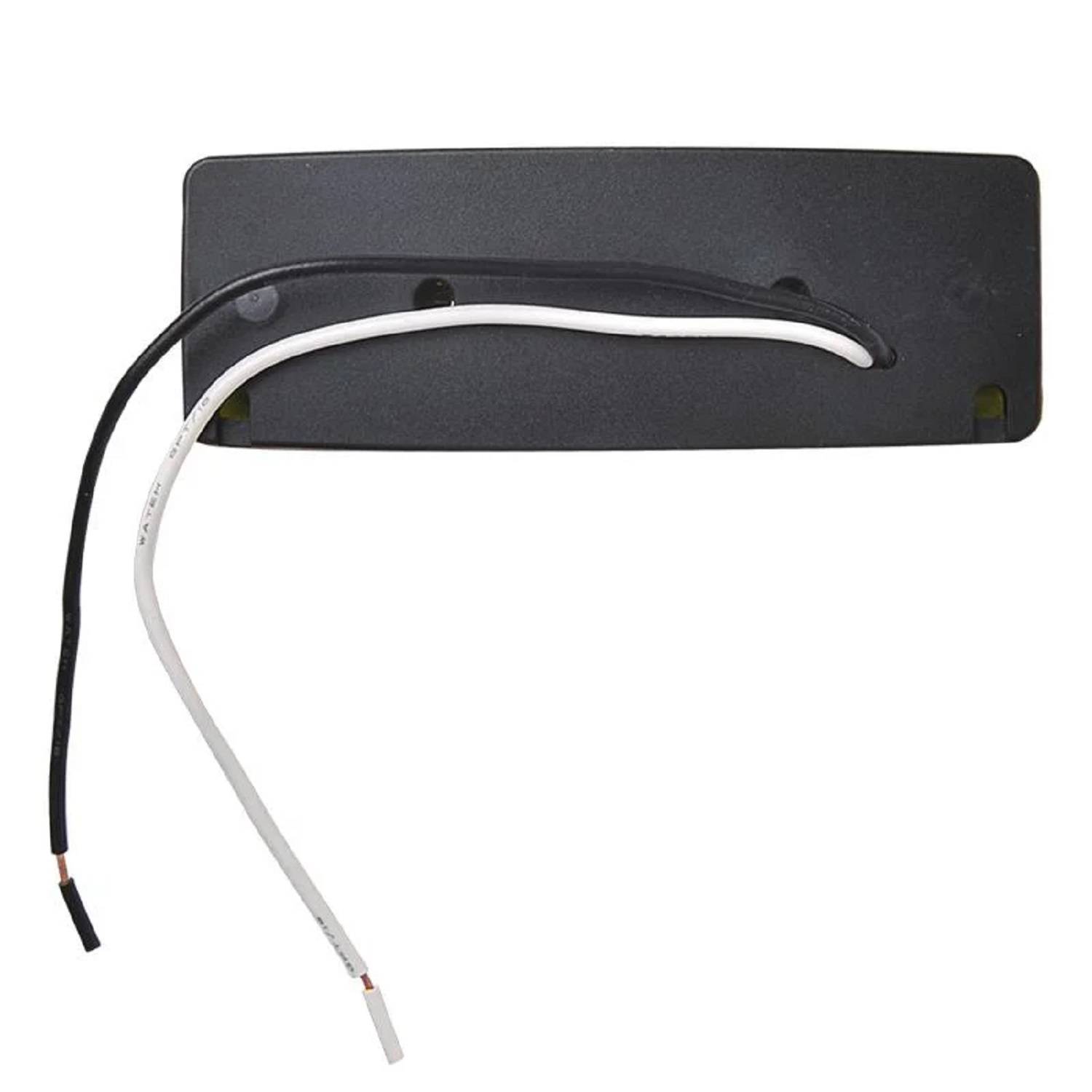 Eine rechteckige schwarze Kunststoffhalterung mit zwei herabhängenden Kabeln, einem schwarzen und einem weißen, die für elektrische Anschlüsse oder Befestigungen verwendet wird.