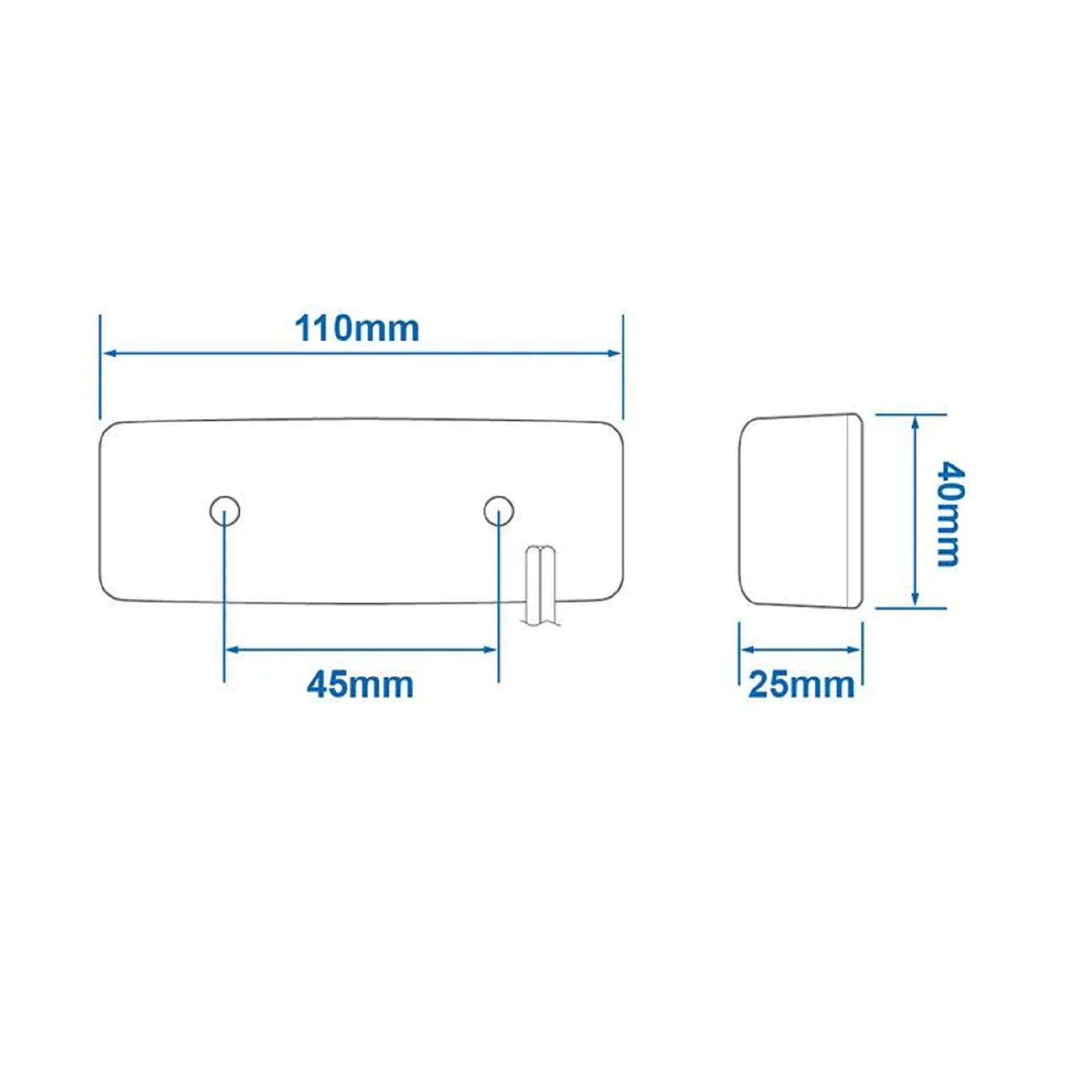 Diagramm einer Abdeckung mit Maßen: Breite 110 mm, Höhe 40 mm, Dicke 25 mm. Lochabstand beträgt 45 mm.