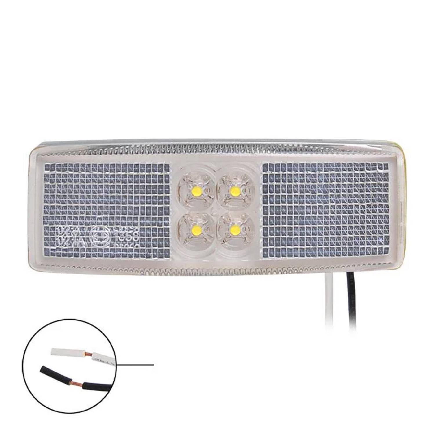 Rechteckige LED-Leuchte mit durchsichtiger Abdeckung, die vier gelbe LEDs zeigt. Enthält eine Abbildung von schwarzer und roter Verkabelung zur Verbindung.