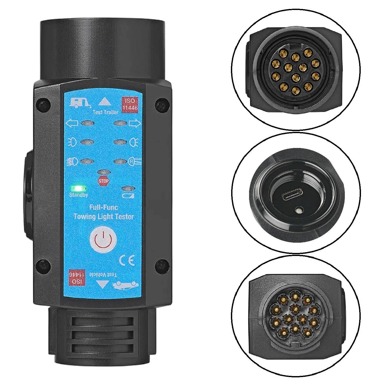 Abschlepplicht-Tester mit Statusanzeigen und Steckerverbindungen, verwendet zum Testen von Anhängerbeleuchtungssystemen auf Fehler und Verbindungsstatus.