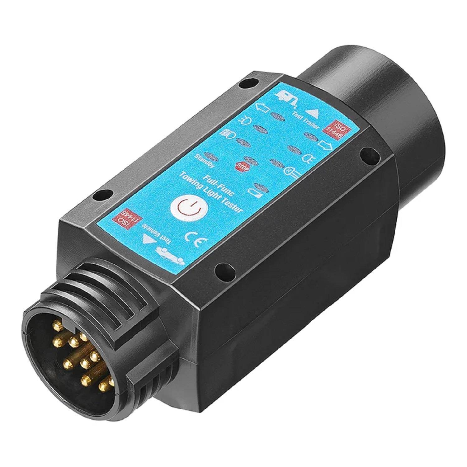 Ein schwarzer und blauer Anhänger-Beleuchtungstester verfügt über mehrere LED-Anzeigen und einen runden 7-poligen Stecker, der zur Diagnose von Anhängerbeleuchtungsfehlern verwendet wird.