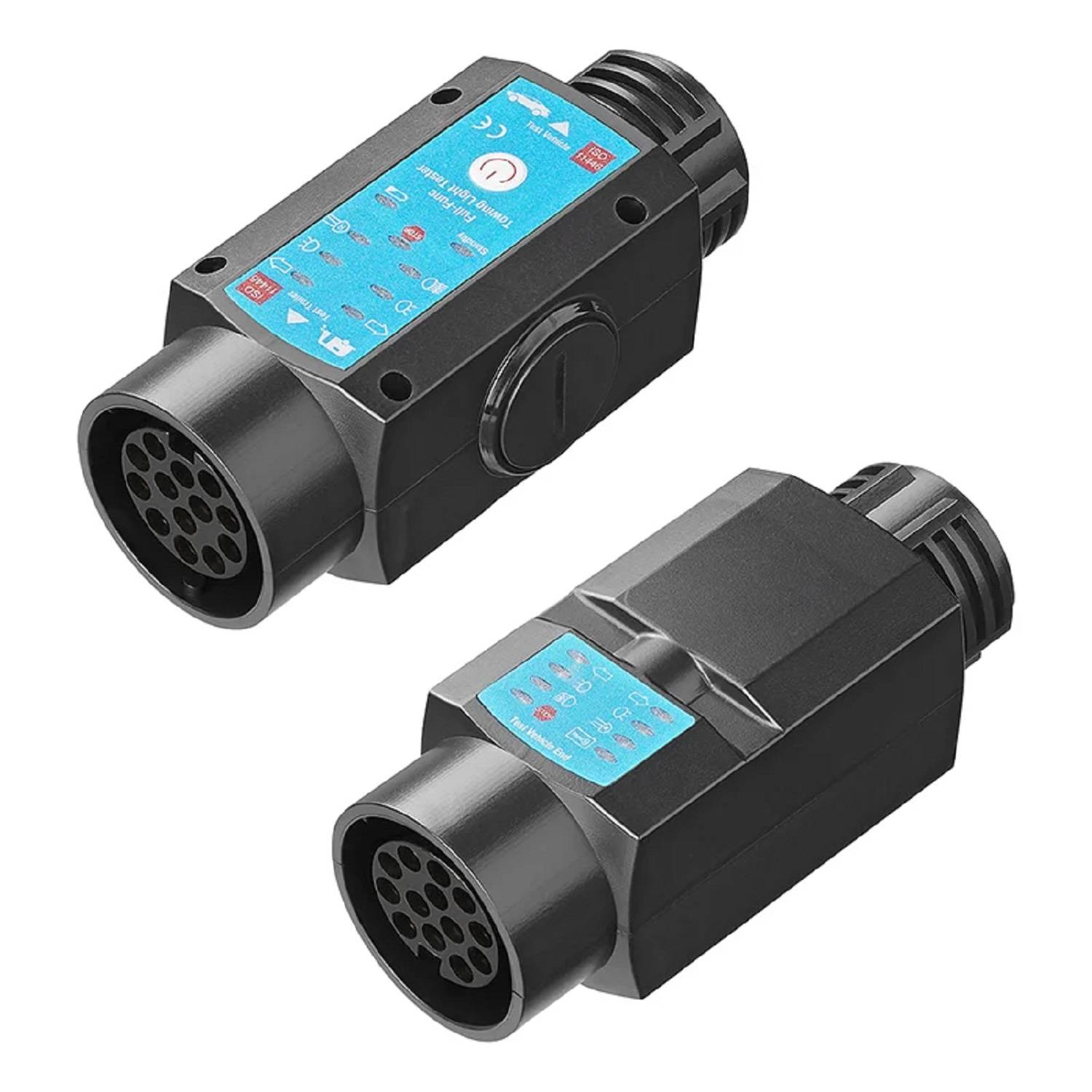 Zwei schwarze industrielle Steckverbinder mit blauen Etiketten, die mehrere Stifte und eine zylindrische Form aufweisen und für elektrische Verbindungen verwendet werden.