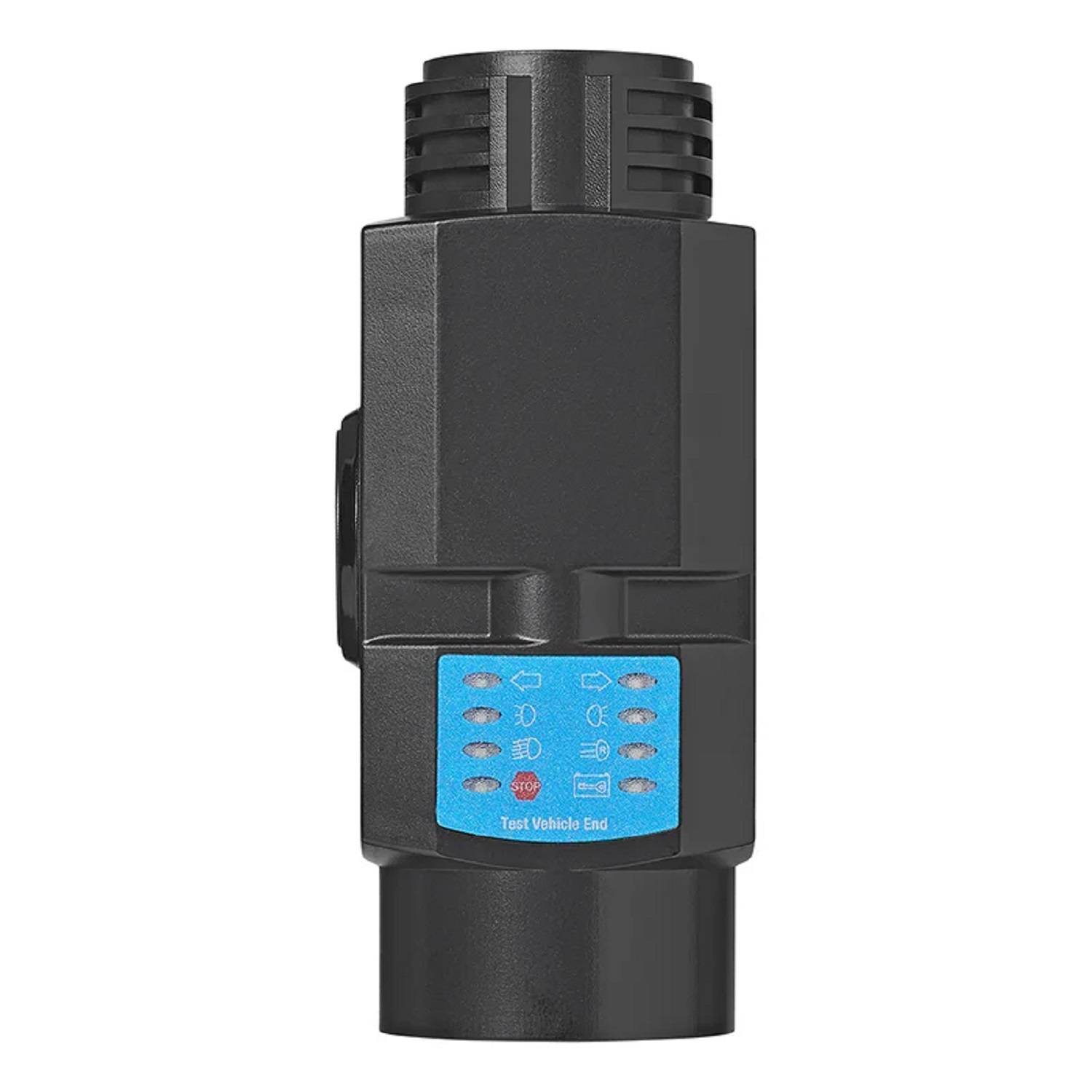 Ein vertikales schwarzes Gerät mit einer blauen Bedienoberfläche, auf der verschiedene Symbole zu sehen sind, die wahrscheinlich Test- oder Fahrzeugfunktionen anzeigen.