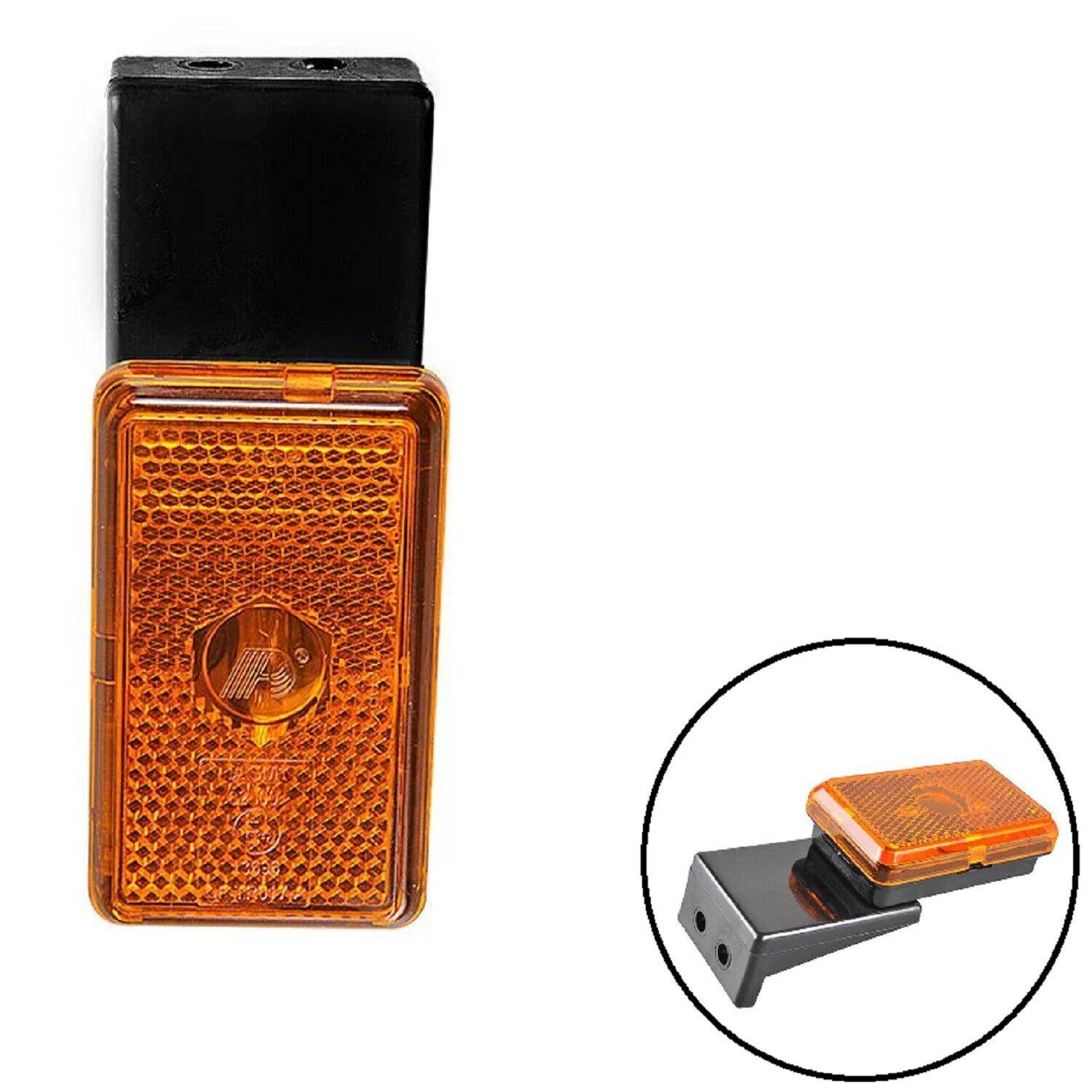 Ein bernsteinfarbener rechteckiger Fahrradrückstrahler mit einem schwarzen Befestigungsbügel, dargestellt in Vorder- und Seitenansicht.