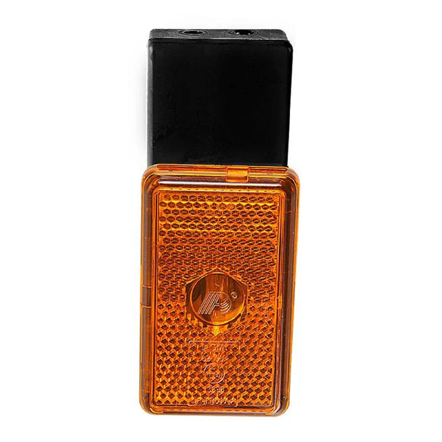 Orangefarbener rechteckiger Reflektorscheinwerfer mit schwarzer Basis.