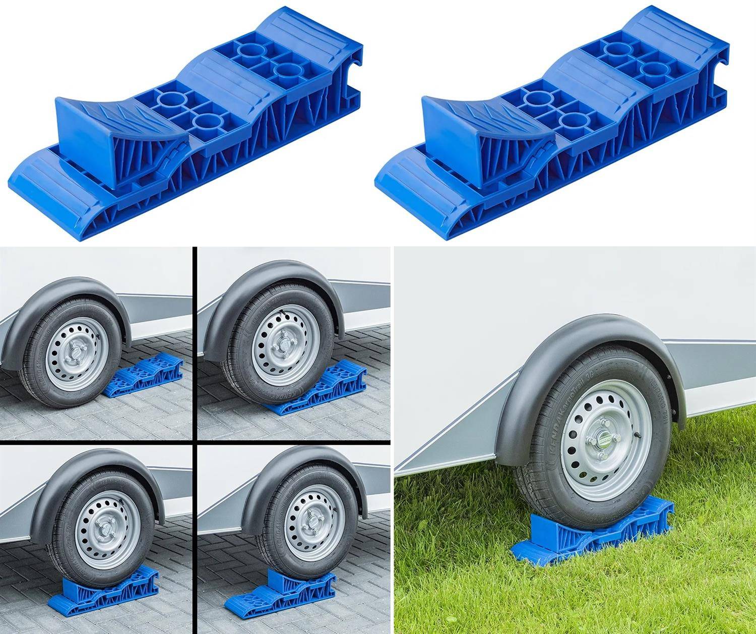 Eine Reihe von Bildern, die eine blaue Reifenausgleichsrampe zeigen, die unter einem Anhängerrad auf Gras und Beton verwendet wird. Die Rampe verfügt über eine gebogene Oberfläche.