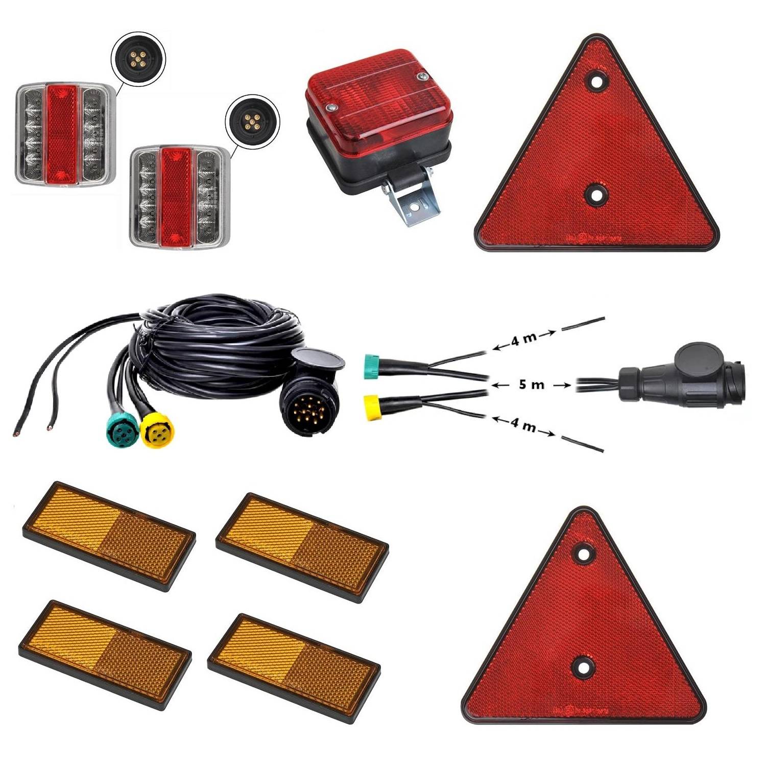 Abschleppsignal-Set mit roten und gelben Leuchten, reflektierenden Dreiecken, Verbindern und Kabeln.