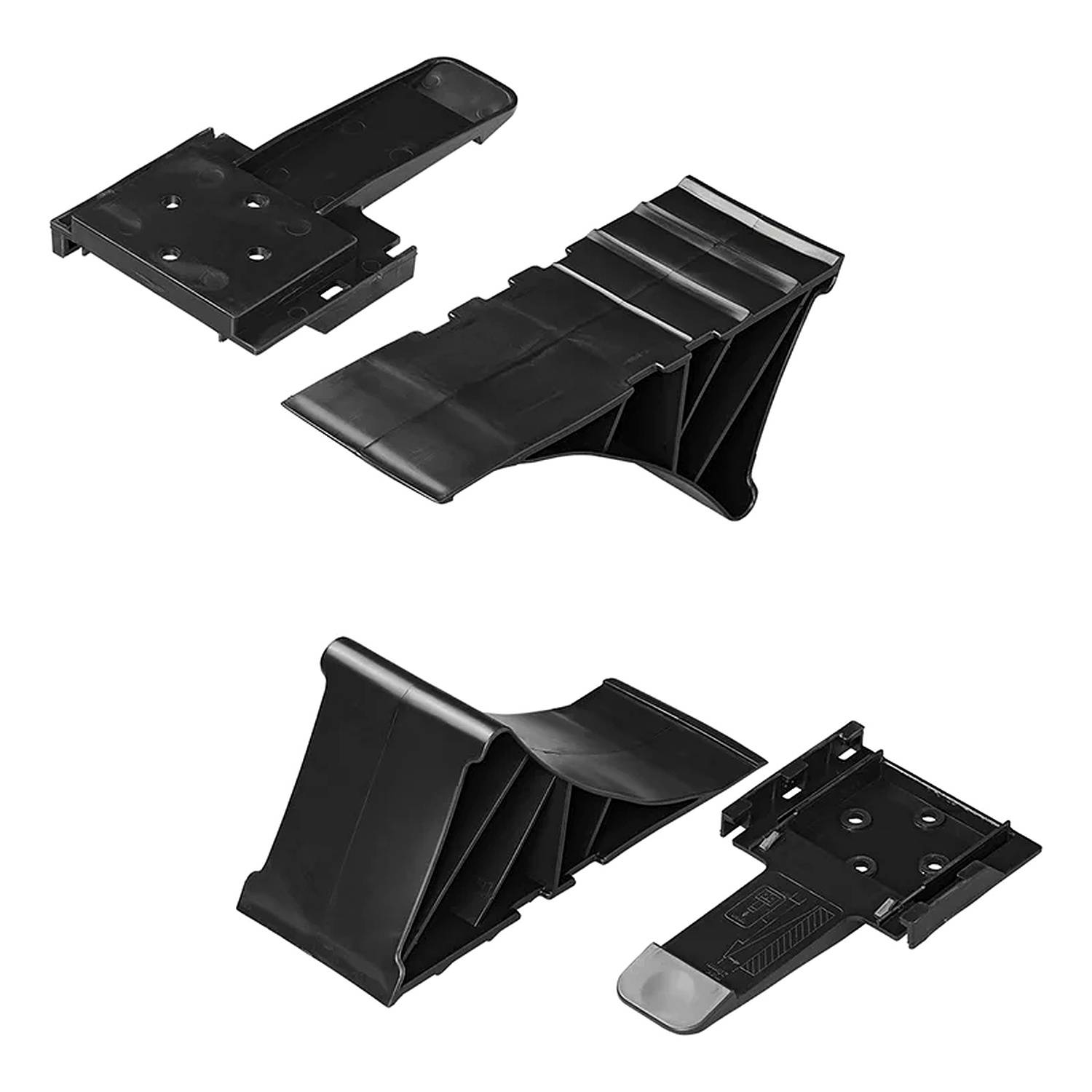 Zwei schwarze Telefonhalterungen aus Kunststoff für Autos in separaten Teilen. Ein Set ist zerlegt und zeigt die einzelnen Komponenten, während das andere teilweise zusammengebaut ist.