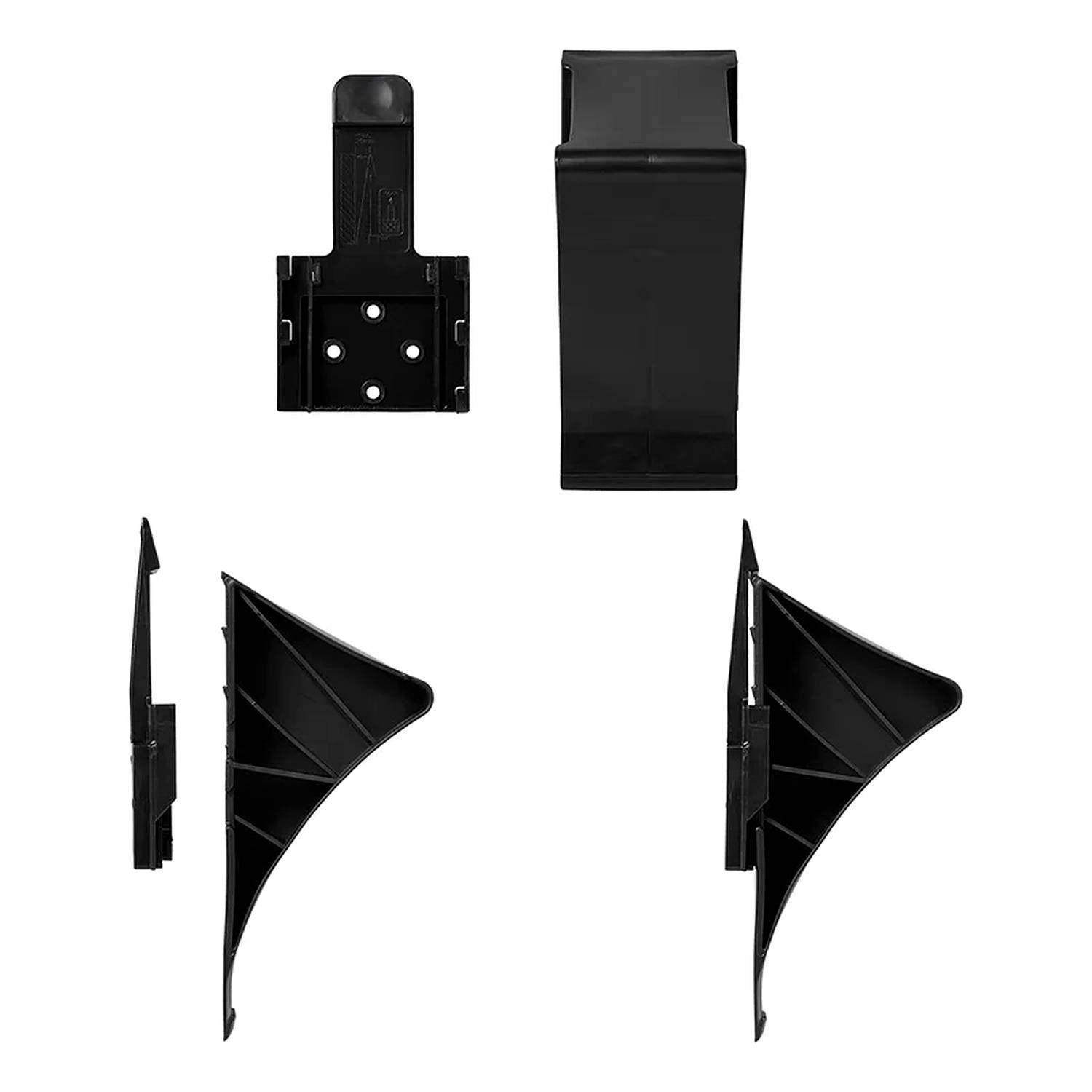 Eine Reihe von schwarzen Kunststoffhalterungen und Clips mit vier verschiedenen Ansichten, die das Design und die Verbindungspunkte veranschaulichen.