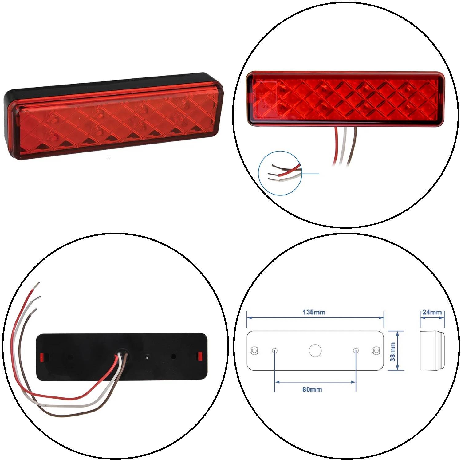 Rotes rechteckiges LED-Rücklicht für Fahrzeuge mit Abmessungen: 135 mm Länge, 24 mm Höhe. Inklusive Kabelanschluss und Befestigungslöchern.