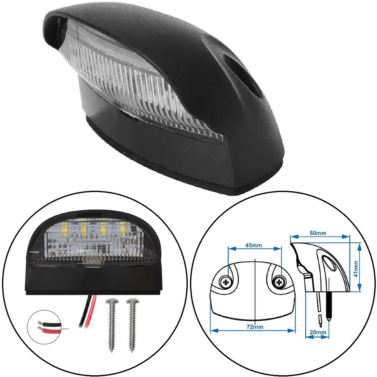 Schwarze ovale LED-Leuchte mit transparenter Linse, Abmessungen 72 mm x 20 mm. Inklusive Kabelwerk und Schrauben. Illustrierte Installationsanleitung.